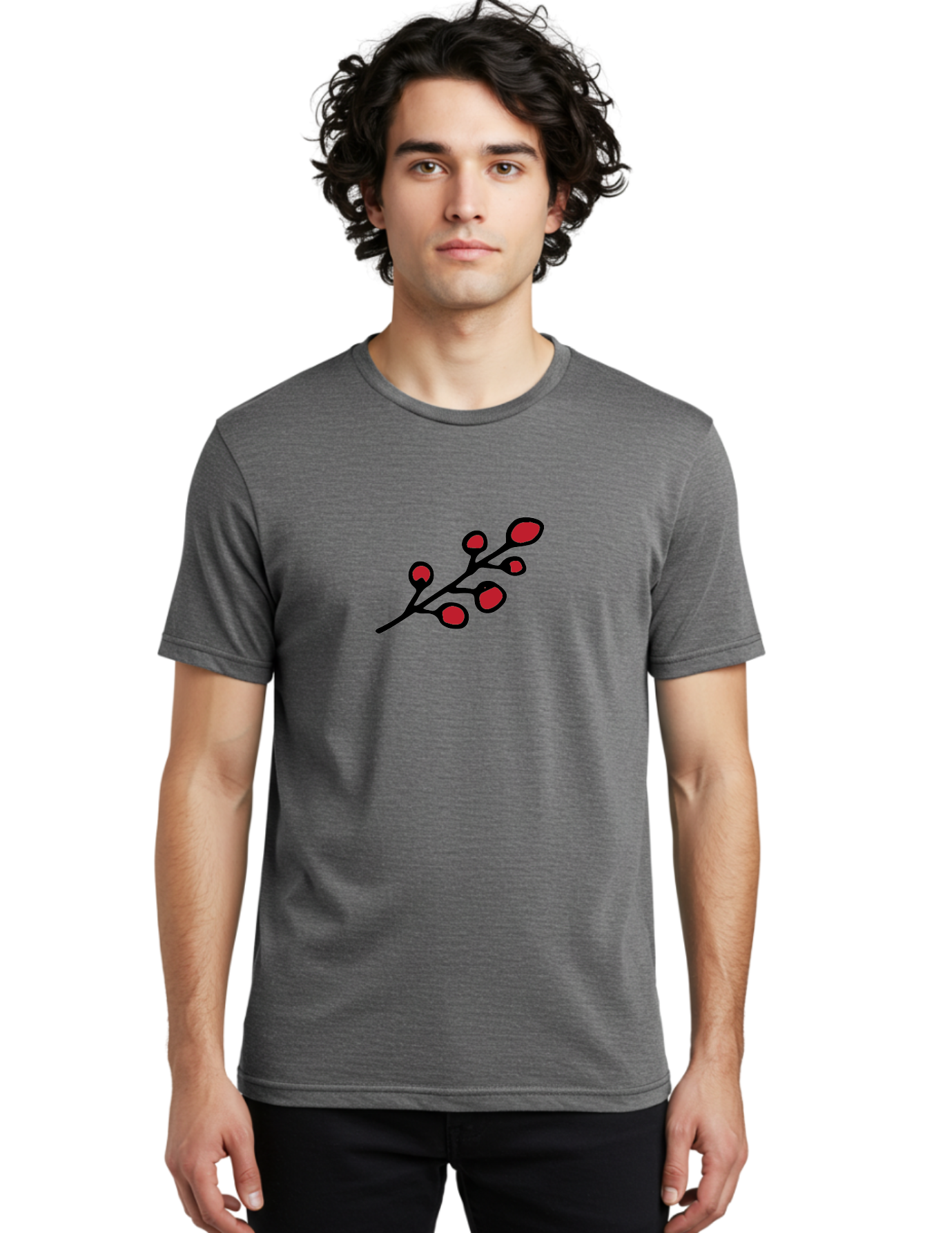 Berries-1 Men'S Graphic Tee, 100% Cotton, Comfortable Casual Summer Wear, Machine Washable, Black Stem, Red Bulbs, Abstract Design, Simple Graphics, Minimalist Art, Bold Colors, Modern Illustration -  Aaa753