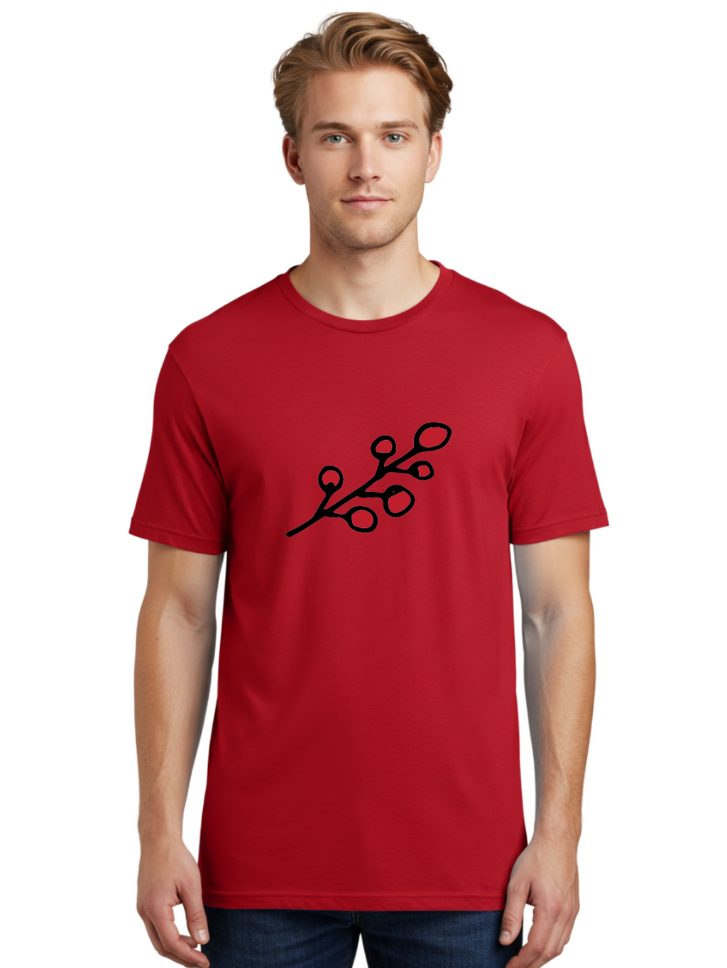 Berries-1 Men'S Graphic Tee, 100% Cotton, Comfortable Casual Summer Wear, Machine Washable, Black Stem, Red Bulbs, Abstract Design, Simple Graphics, Minimalist Art, Bold Colors, Modern Illustration -  Aaa753