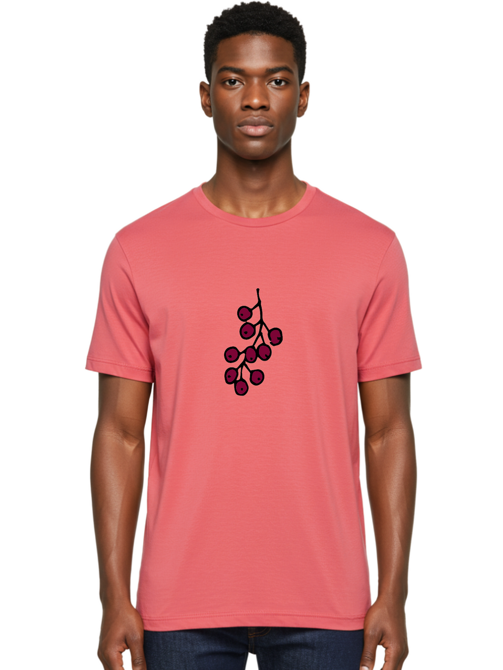 Berries Men'S Graphic Tee, 100% Cotton, Comfortable Casual Summer Wear, Machine Washable, Cluster Of Red Berries, Dark Red Color, Simple Design, Minimalist Illustration, Fruit Branch, Autumn Theme -  Aaa754