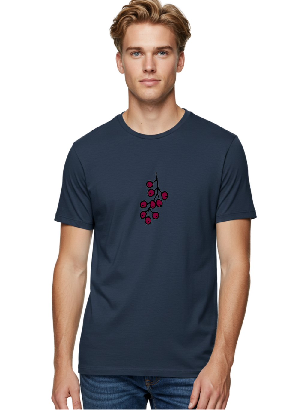 Berries Men'S Graphic Tee, 100% Cotton, Comfortable Casual Summer Wear, Machine Washable, Cluster Of Red Berries, Dark Red Color, Simple Design, Minimalist Illustration, Fruit Branch, Autumn Theme -  Aaa754