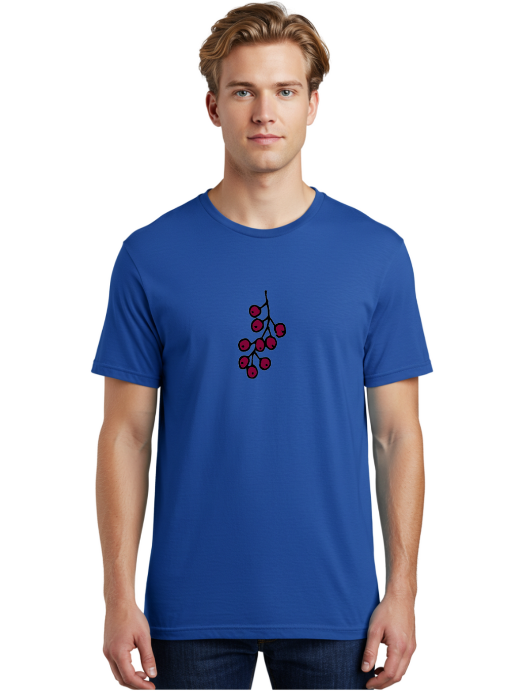 Berries Men'S Graphic Tee, 100% Cotton, Comfortable Casual Summer Wear, Machine Washable, Cluster Of Red Berries, Dark Red Color, Simple Design, Minimalist Illustration, Fruit Branch, Autumn Theme -  Aaa754