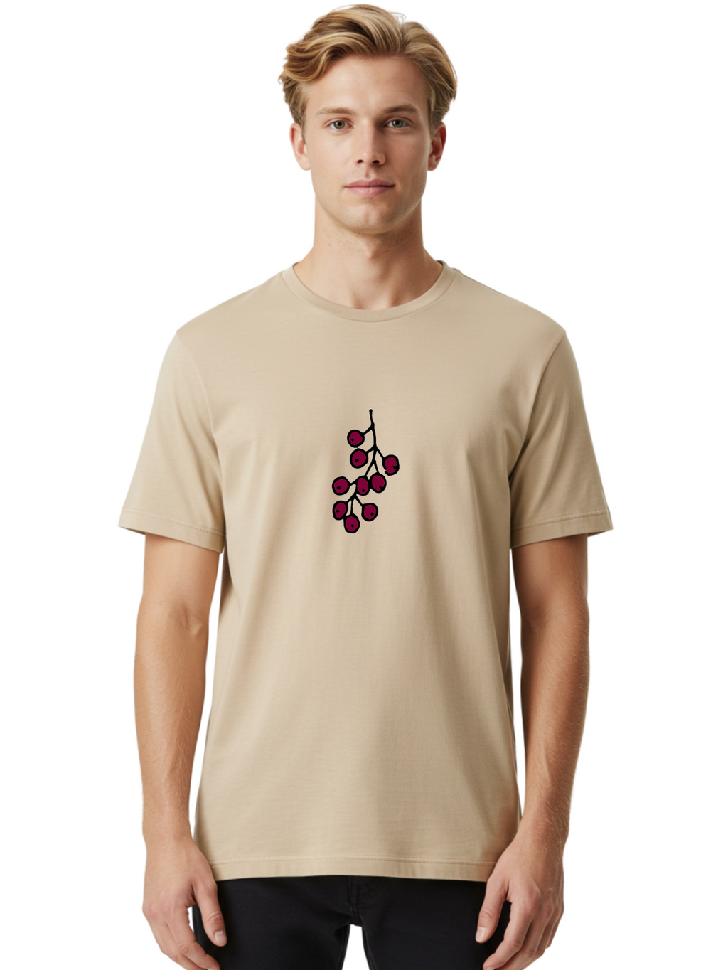 Berries Men'S Graphic Tee, 100% Cotton, Comfortable Casual Summer Wear, Machine Washable, Cluster Of Red Berries, Dark Red Color, Simple Design, Minimalist Illustration, Fruit Branch, Autumn Theme -  Aaa754