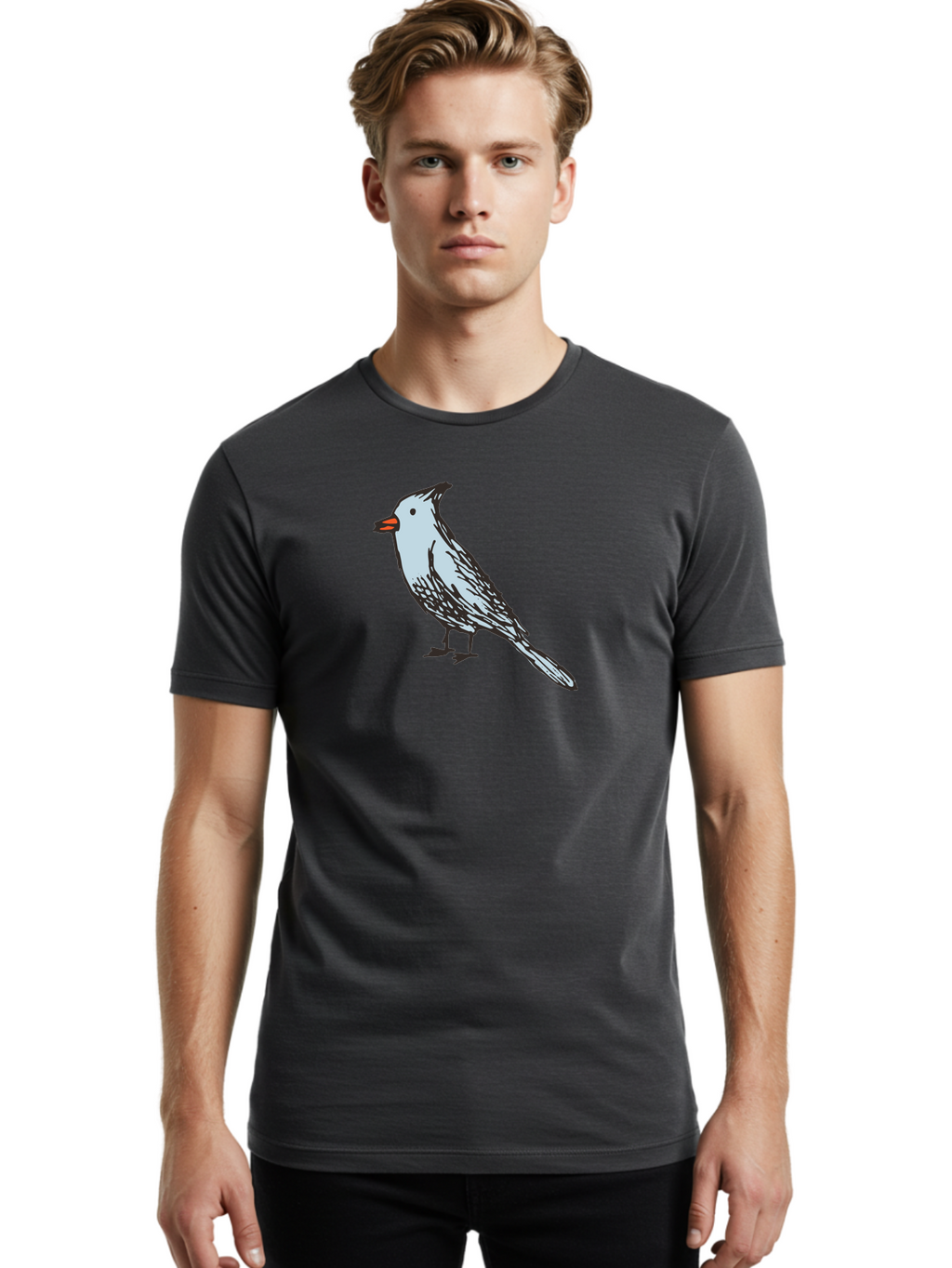 Bird-1 Men'S Graphic Tee, 100% Cotton, Comfortable Casual Summer Wear, Machine Washable, Cartoon Bird, Simple Drawing, White Bird, Black Feathers, Orange Beak, Childish Art, Minimalist Design, Stylized Illustration, Simple Shapes, Cute Bird -  Aaa755