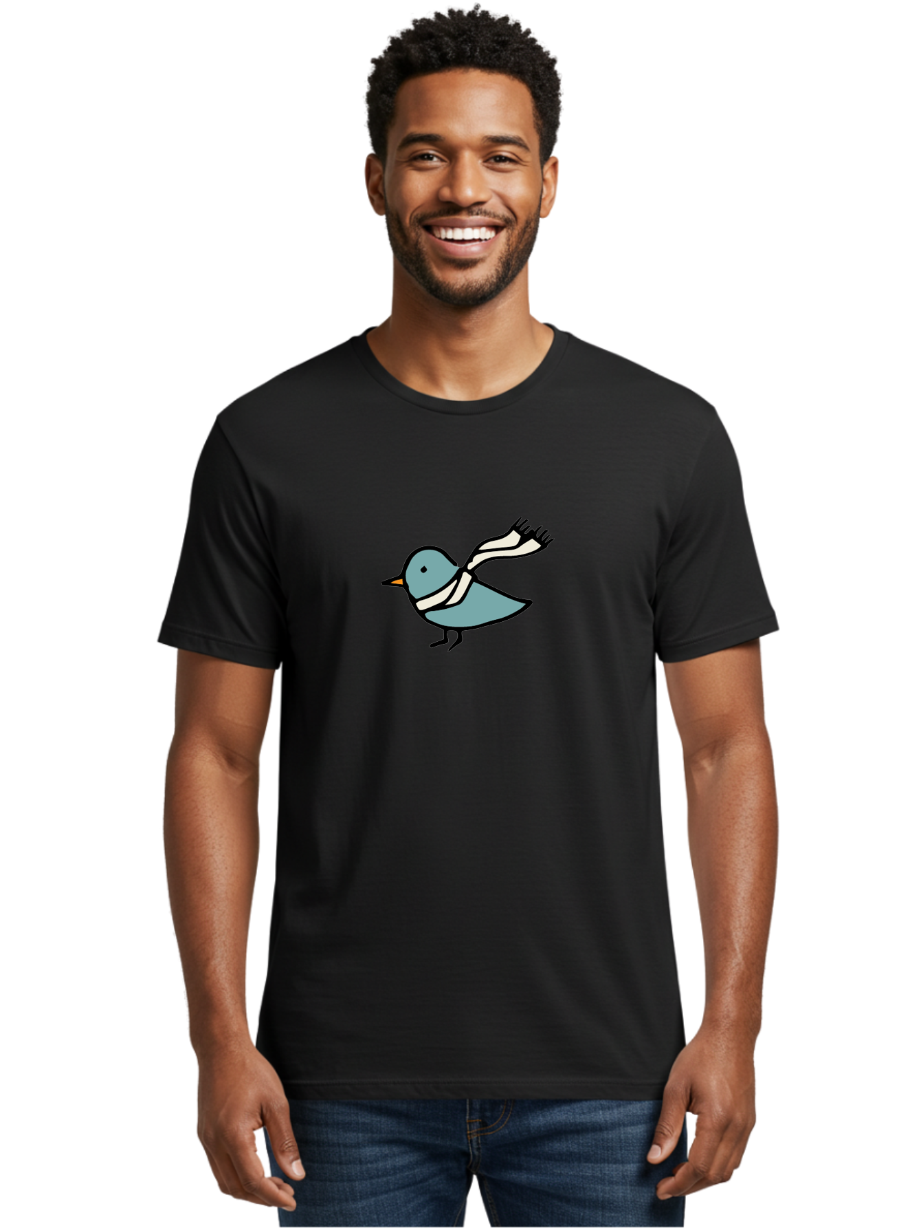 Bird-In-Scarf Men'S Graphic Tee, 100% Cotton, Comfortable Casual Summer Wear, Machine Washable, Cartoon Bird, Bird Wearing Scarf, Winter Bird, Bird In Flight, Blue Bird, Bird Illustration, Simple Design, Whimsical Art, Minimalist Style, -  Aaa756