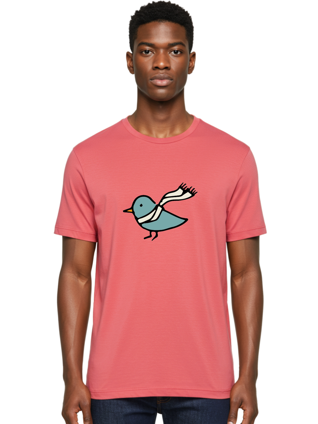 Bird-In-Scarf Men'S Graphic Tee, 100% Cotton, Comfortable Casual Summer Wear, Machine Washable, Cartoon Bird, Bird Wearing Scarf, Winter Bird, Bird In Flight, Blue Bird, Bird Illustration, Simple Design, Whimsical Art, Minimalist Style, -  Aaa756