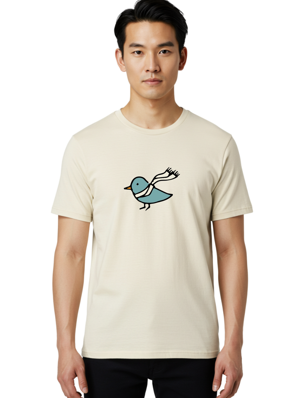 Bird-In-Scarf Men'S Graphic Tee, 100% Cotton, Comfortable Casual Summer Wear, Machine Washable, Cartoon Bird, Bird Wearing Scarf, Winter Bird, Bird In Flight, Blue Bird, Bird Illustration, Simple Design, Whimsical Art, Minimalist Style, -  Aaa756