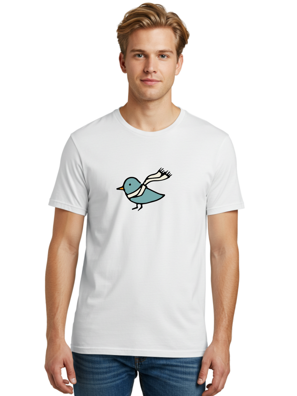 Bird-In-Scarf Men'S Graphic Tee, 100% Cotton, Comfortable Casual Summer Wear, Machine Washable, Cartoon Bird, Bird Wearing Scarf, Winter Bird, Bird In Flight, Blue Bird, Bird Illustration, Simple Design, Whimsical Art, Minimalist Style, -  Aaa756