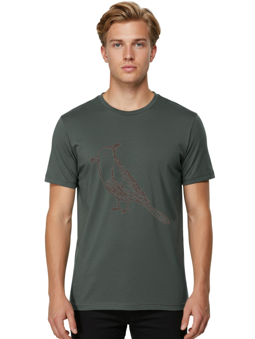 Black-Bird Men'S Graphic Tee, 100% Cotton, Comfortable Casual Summer Wear, Machine Washable, Simple Line Drawing, Bird Silhouette, Wildlife Art, Minimalist Design, Feathered Friend, Songbird -  Aaa758