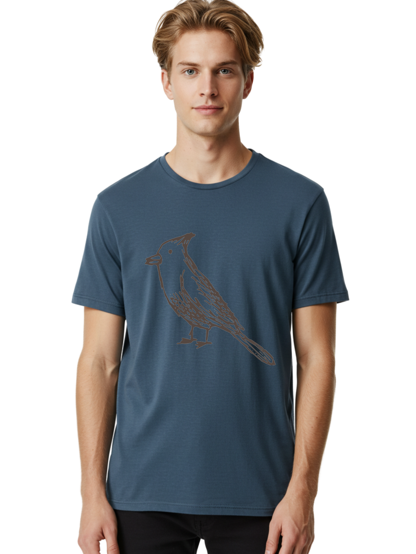 Black-Bird Men'S Graphic Tee, 100% Cotton, Comfortable Casual Summer Wear, Machine Washable, Simple Line Drawing, Bird Silhouette, Wildlife Art, Minimalist Design, Feathered Friend, Songbird -  Aaa758