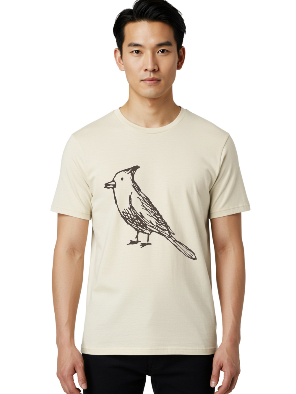 Black-Bird Men'S Graphic Tee, 100% Cotton, Comfortable Casual Summer Wear, Machine Washable, Simple Line Drawing, Bird Silhouette, Wildlife Art, Minimalist Design, Feathered Friend, Songbird -  Aaa758