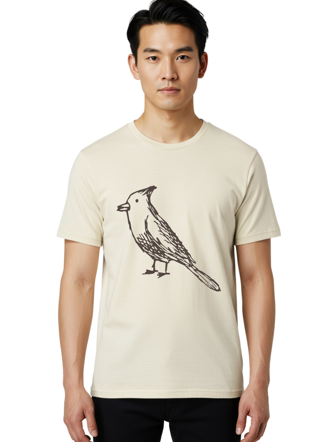 Black-Bird Men'S Graphic Tee, 100% Cotton, Comfortable Casual Summer Wear, Machine Washable, Simple Line Drawing, Bird Silhouette, Wildlife Art, Minimalist Design, Feathered Friend, Songbird -  Aaa758