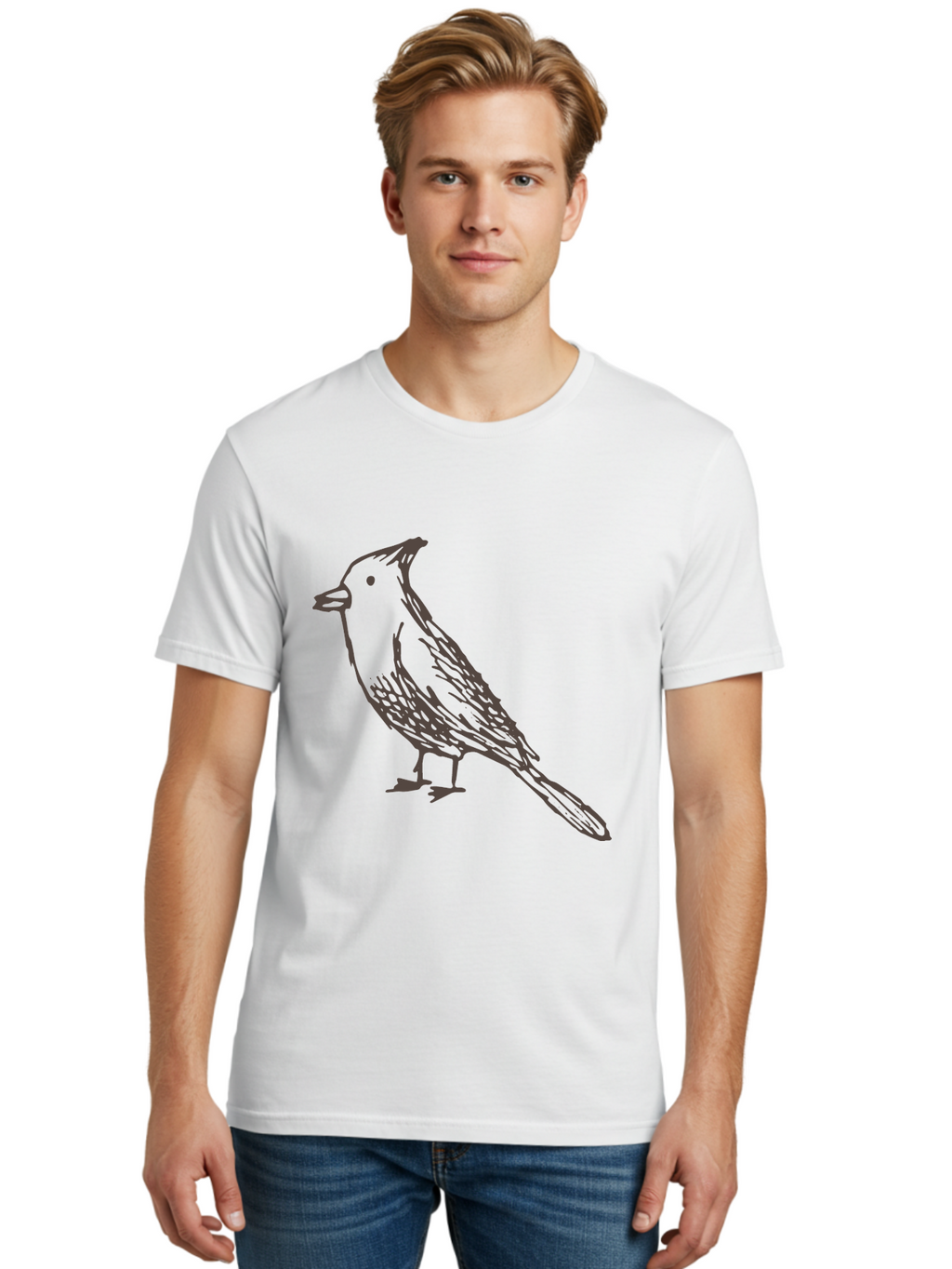 Black-Bird Men'S Graphic Tee, 100% Cotton, Comfortable Casual Summer Wear, Machine Washable, Simple Line Drawing, Bird Silhouette, Wildlife Art, Minimalist Design, Feathered Friend, Songbird -  Aaa758