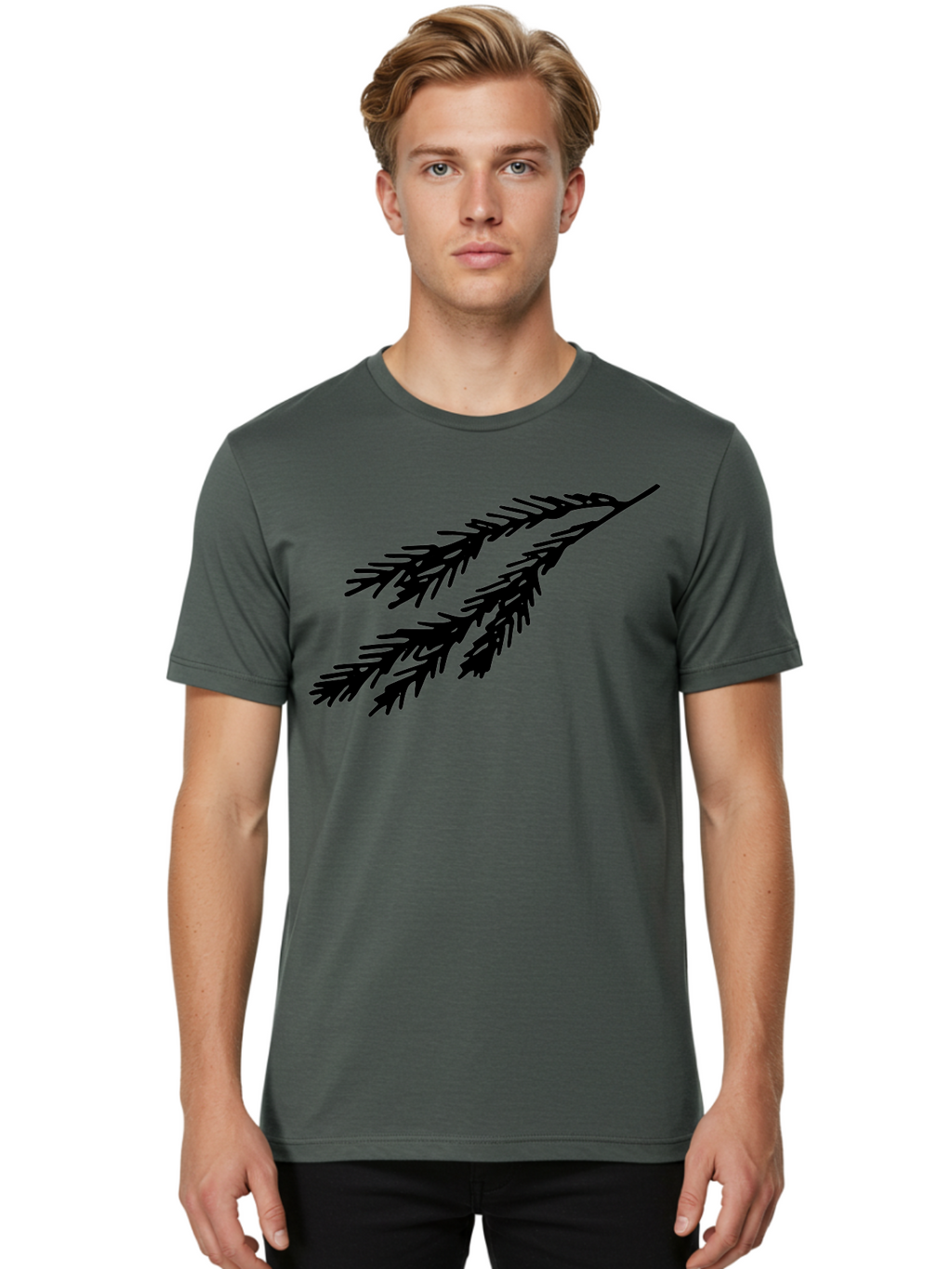 Black-Branches Men'S Graphic Tee, 100% Cotton, Comfortable Casual Summer Wear, Machine Washable, Fir Branch Silhouette, Black Fir Branch, Simple Design, Minimalist Art, Evergreen Branch, Botanical Illustration, Graphic Design Element -  Aaa759