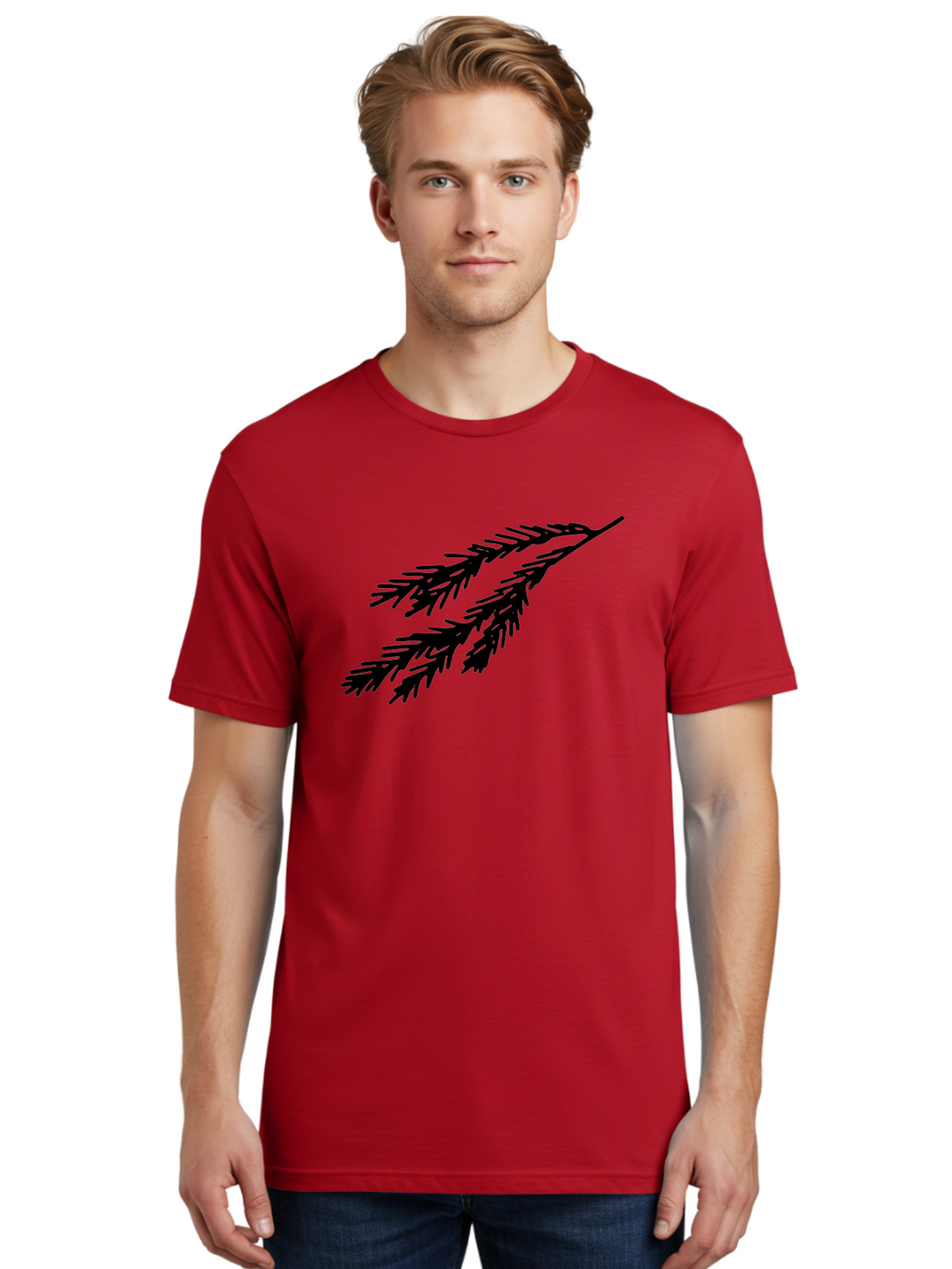 Black-Branches Men'S Graphic Tee, 100% Cotton, Comfortable Casual Summer Wear, Machine Washable, Fir Branch Silhouette, Black Fir Branch, Simple Design, Minimalist Art, Evergreen Branch, Botanical Illustration, Graphic Design Element -  Aaa759
