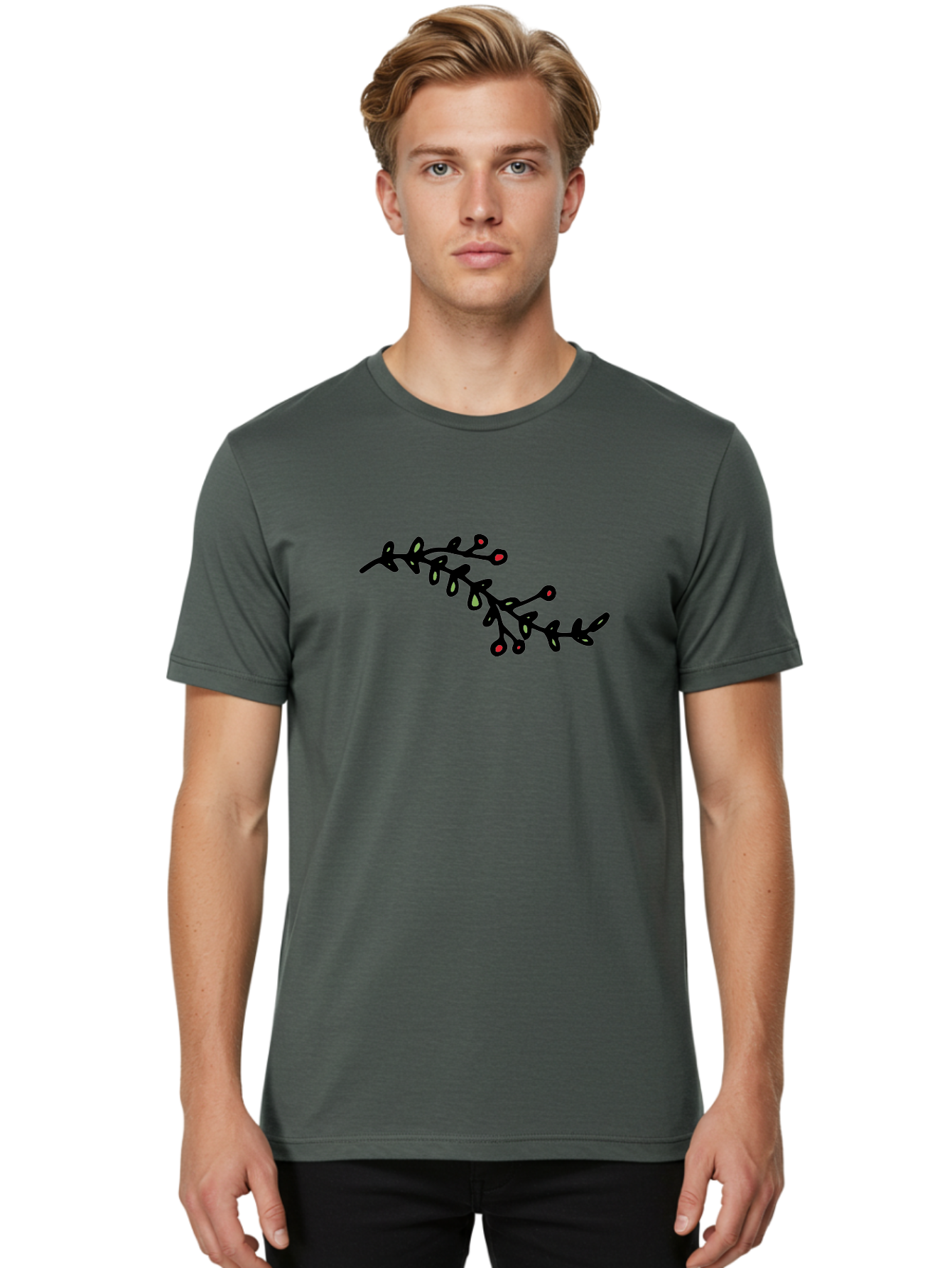 Black-Stem-With-Red-Berries Men'S Graphic Tee, 100% Cotton, Comfortable Casual Summer Wear, Machine Washable, Black Stem, Winter Berries, Red Berries, Minimalist Design, Simple Artwork, Abstract Illustration, Botanical Elements, -  Aaa763