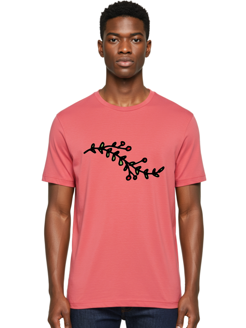 Black-Stem-With-Red-Berries Men'S Graphic Tee, 100% Cotton, Comfortable Casual Summer Wear, Machine Washable, Black Stem, Winter Berries, Red Berries, Minimalist Design, Simple Artwork, Abstract Illustration, Botanical Elements, -  Aaa763