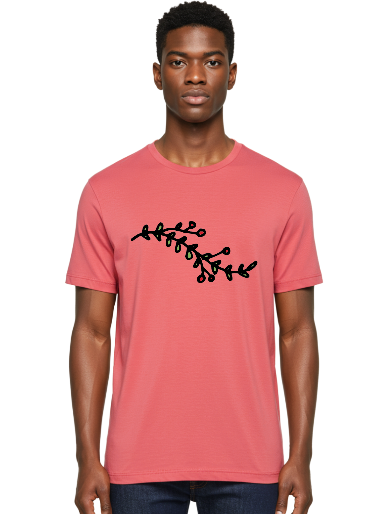 Black-Stem-With-Red-Berries Men'S Graphic Tee, 100% Cotton, Comfortable Casual Summer Wear, Machine Washable, Black Stem, Winter Berries, Red Berries, Minimalist Design, Simple Artwork, Abstract Illustration, Botanical Elements, -  Aaa763