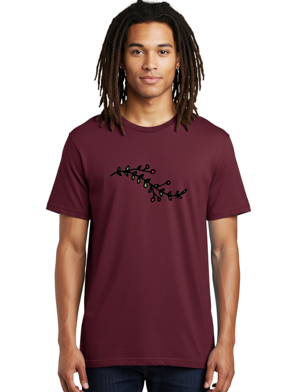 Black-Stem-With-Red-Berries Men'S Graphic Tee, 100% Cotton, Comfortable Casual Summer Wear, Machine Washable, Black Stem, Winter Berries, Red Berries, Minimalist Design, Simple Artwork, Abstract Illustration, Botanical Elements, -  Aaa763