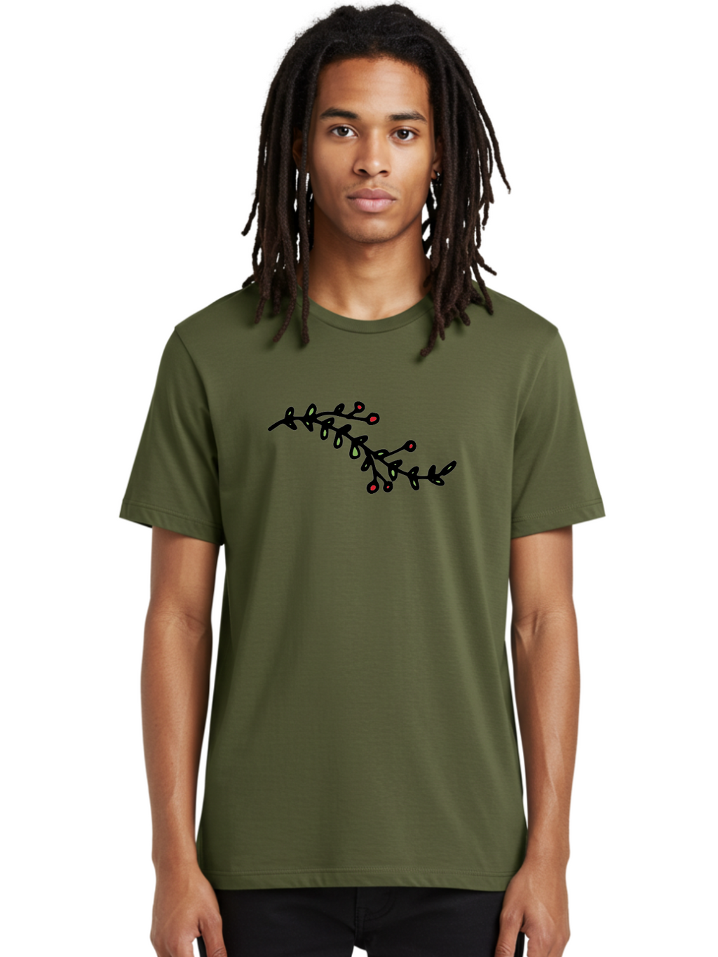 Black-Stem-With-Red-Berries Men'S Graphic Tee, 100% Cotton, Comfortable Casual Summer Wear, Machine Washable, Black Stem, Winter Berries, Red Berries, Minimalist Design, Simple Artwork, Abstract Illustration, Botanical Elements, -  Aaa763