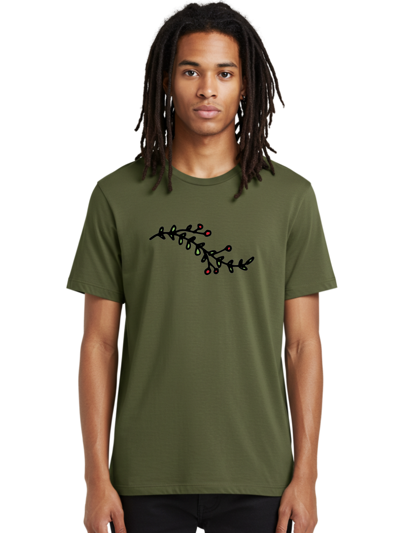 Black-Stem-With-Red-Berries Men'S Graphic Tee, 100% Cotton, Comfortable Casual Summer Wear, Machine Washable, Black Stem, Winter Berries, Red Berries, Minimalist Design, Simple Artwork, Abstract Illustration, Botanical Elements, -  Aaa763