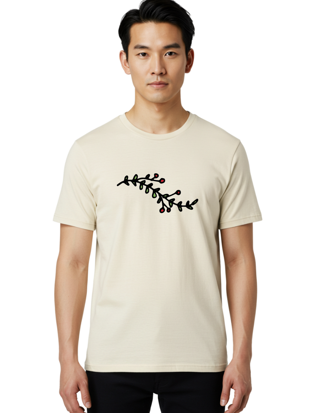 Black-Stem-With-Red-Berries Men'S Graphic Tee, 100% Cotton, Comfortable Casual Summer Wear, Machine Washable, Black Stem, Winter Berries, Red Berries, Minimalist Design, Simple Artwork, Abstract Illustration, Botanical Elements, -  Aaa763