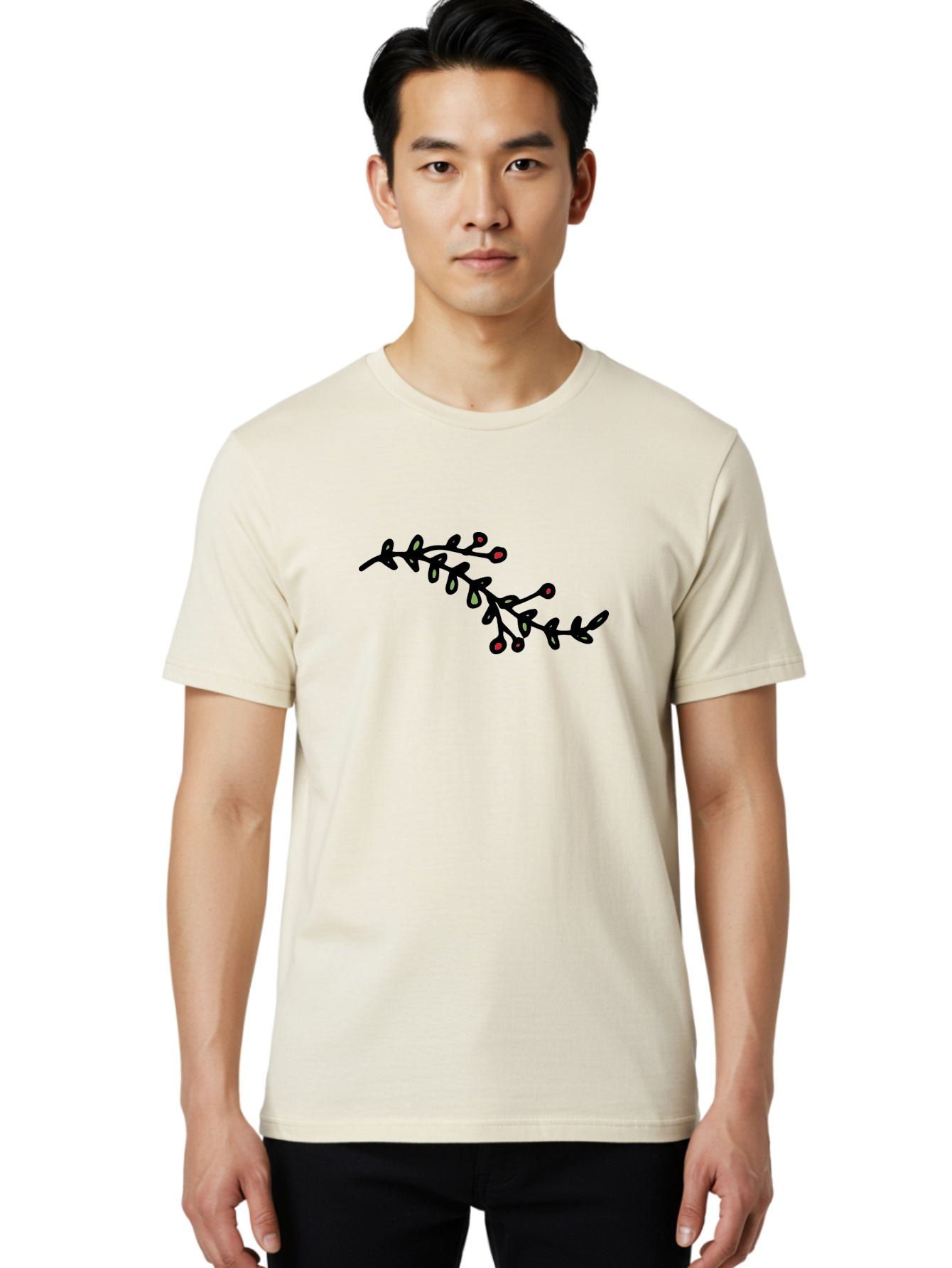 Black-Stem-With-Red-Berries Men'S Graphic Tee, 100% Cotton, Comfortable Casual Summer Wear, Machine Washable, Black Stem, Winter Berries, Red Berries, Minimalist Design, Simple Artwork, Abstract Illustration, Botanical Elements, -  Aaa763