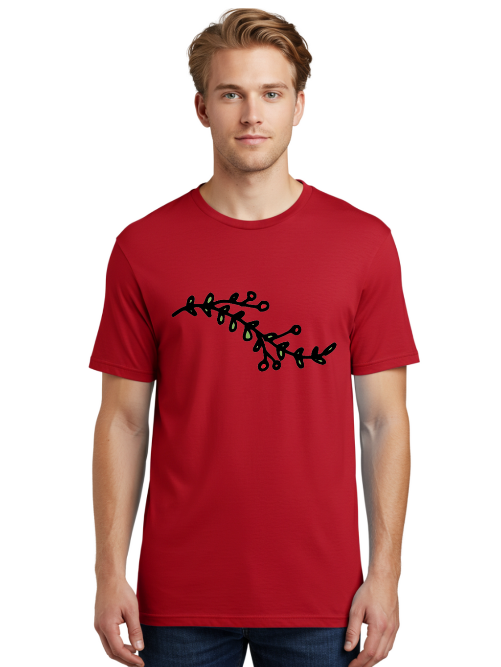 Black-Stem-With-Red-Berries Men'S Graphic Tee, 100% Cotton, Comfortable Casual Summer Wear, Machine Washable, Black Stem, Winter Berries, Red Berries, Minimalist Design, Simple Artwork, Abstract Illustration, Botanical Elements, -  Aaa763