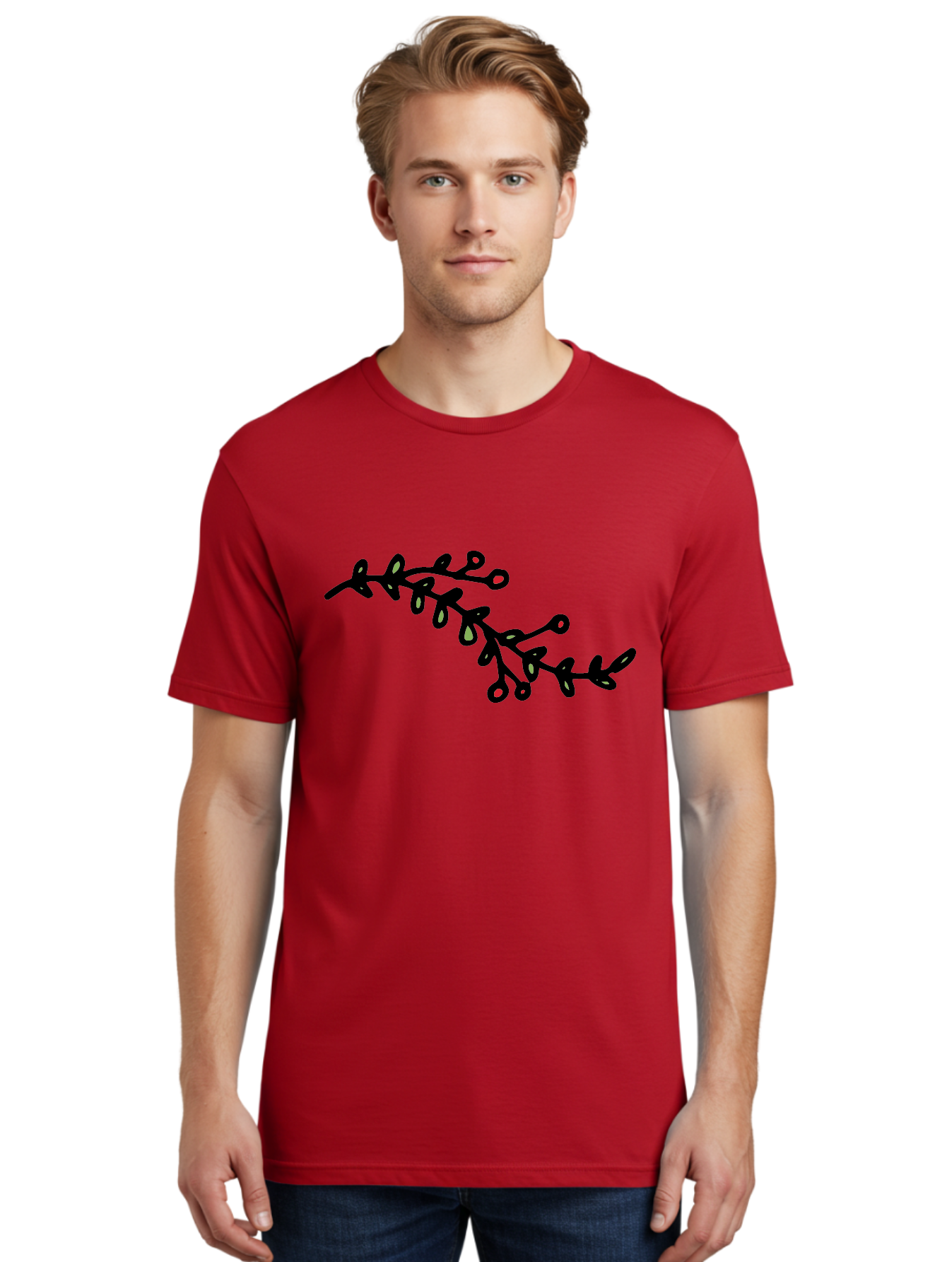 Black-Stem-With-Red-Berries Men'S Graphic Tee, 100% Cotton, Comfortable Casual Summer Wear, Machine Washable, Black Stem, Winter Berries, Red Berries, Minimalist Design, Simple Artwork, Abstract Illustration, Botanical Elements, -  Aaa763