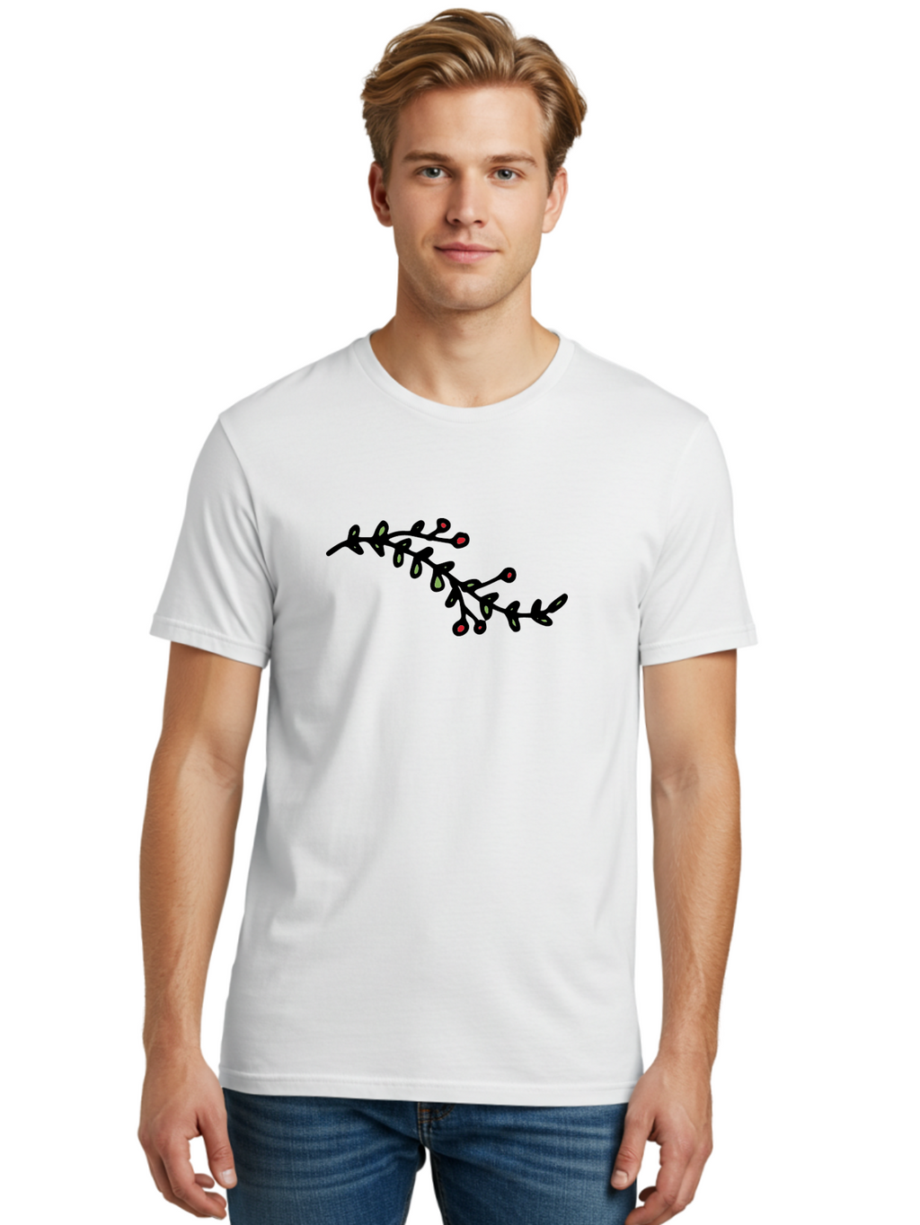 Black-Stem-With-Red-Berries Men'S Graphic Tee, 100% Cotton, Comfortable Casual Summer Wear, Machine Washable, Black Stem, Winter Berries, Red Berries, Minimalist Design, Simple Artwork, Abstract Illustration, Botanical Elements, -  Aaa763