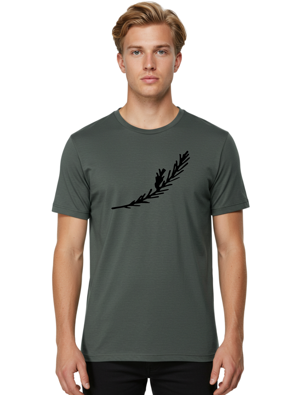 Black-Twig-Silhouette Men'S Graphic Tee, 100% Cotton, Comfortable Casual Summer Wear, Machine Washable, Pine Needles Silhouette, Minimalist Design, Simple Graphics, Sprig Of Pine, Black On Green, Foliage Icon, Nature Symbol -  Aaa766