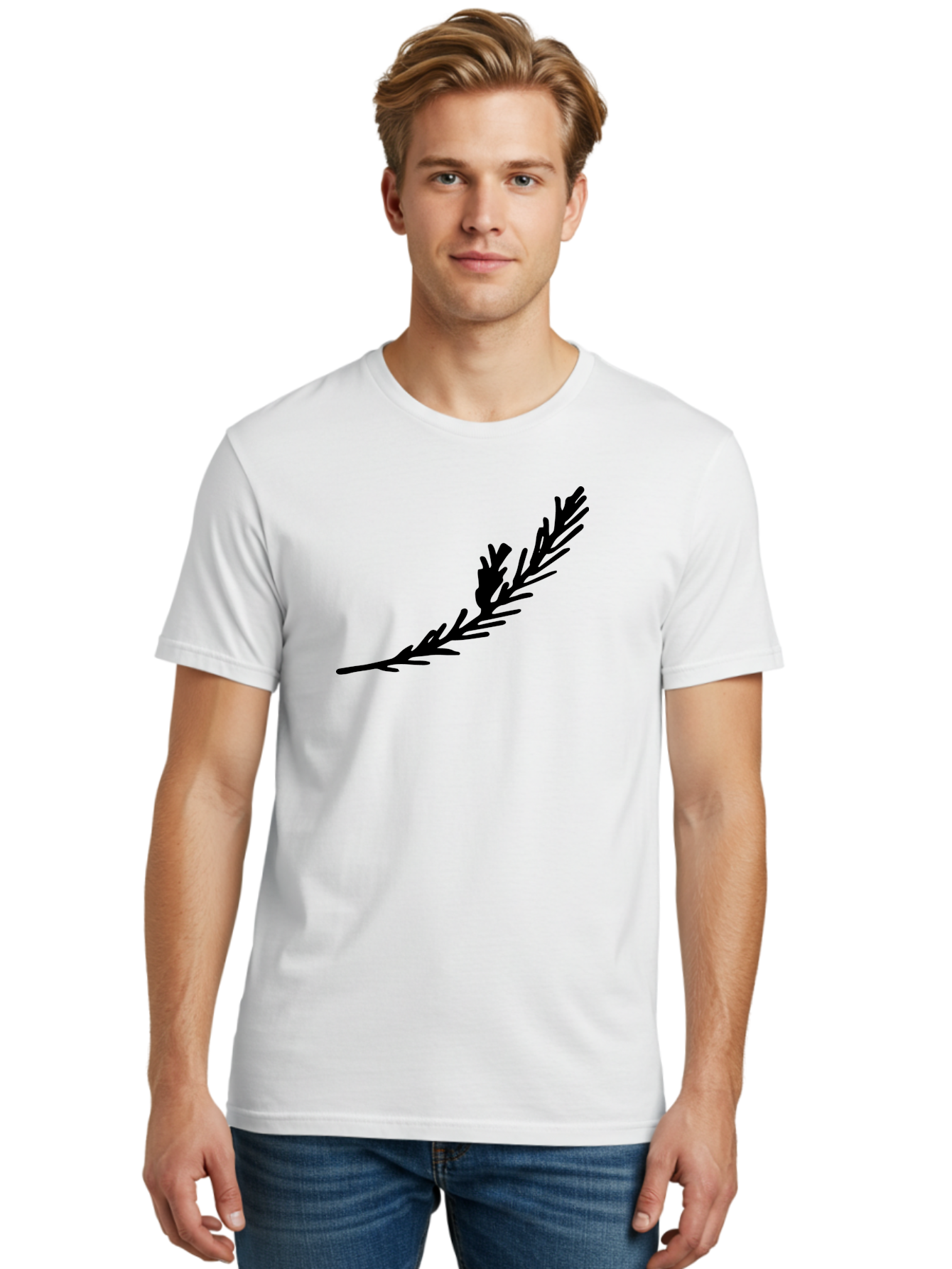 Black-Twig-Silhouette Men'S Graphic Tee, 100% Cotton, Comfortable Casual Summer Wear, Machine Washable, Pine Needles Silhouette, Minimalist Design, Simple Graphics, Sprig Of Pine, Black On Green, Foliage Icon, Nature Symbol -  Aaa766