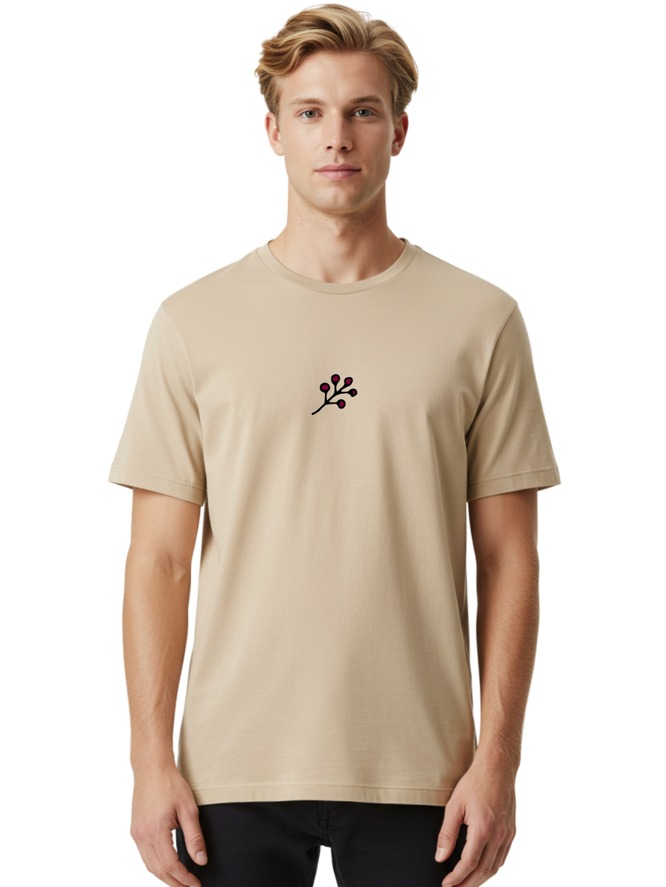 Blackberries Men'S Graphic Tee, 100% Cotton, Comfortable Casual Summer Wear, Machine Washable, Red Berries On A Branch, Minimalist Design, Simple Illustration, Dark Red Fruit, Black Stem, Floral Element, Decorative Graphic -  Aaa767