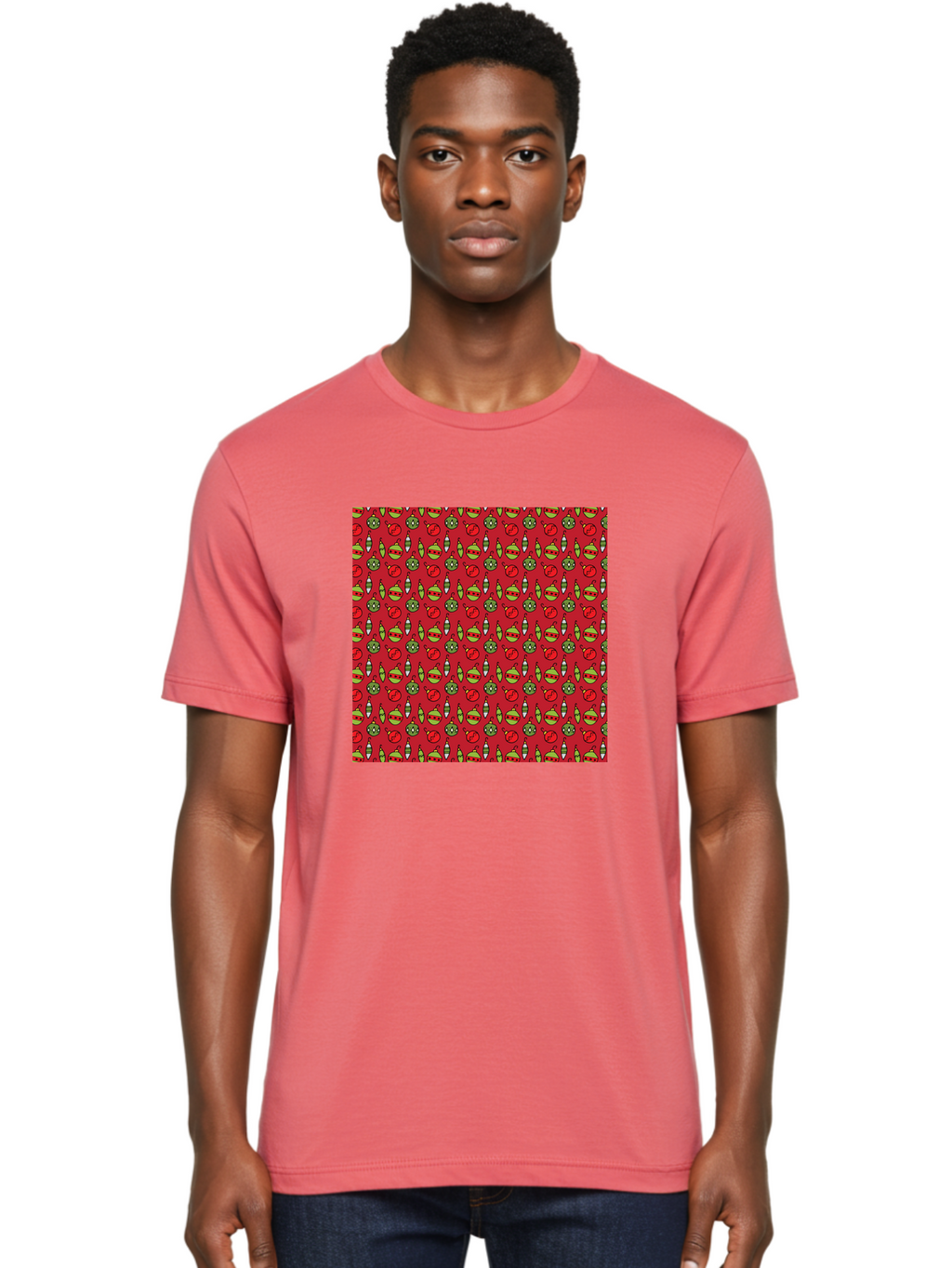 Bombs-Pattern Men'S Graphic Tee, 100% Cotton, Comfortable Casual Summer Wear, Machine Washable, Bombs And Emoji, Cartoon Graphics, War Symbols, Red Background, Green And Red Colors, Cute Illustrations, Funny Patterns, Danger Signs, -  Aaa770