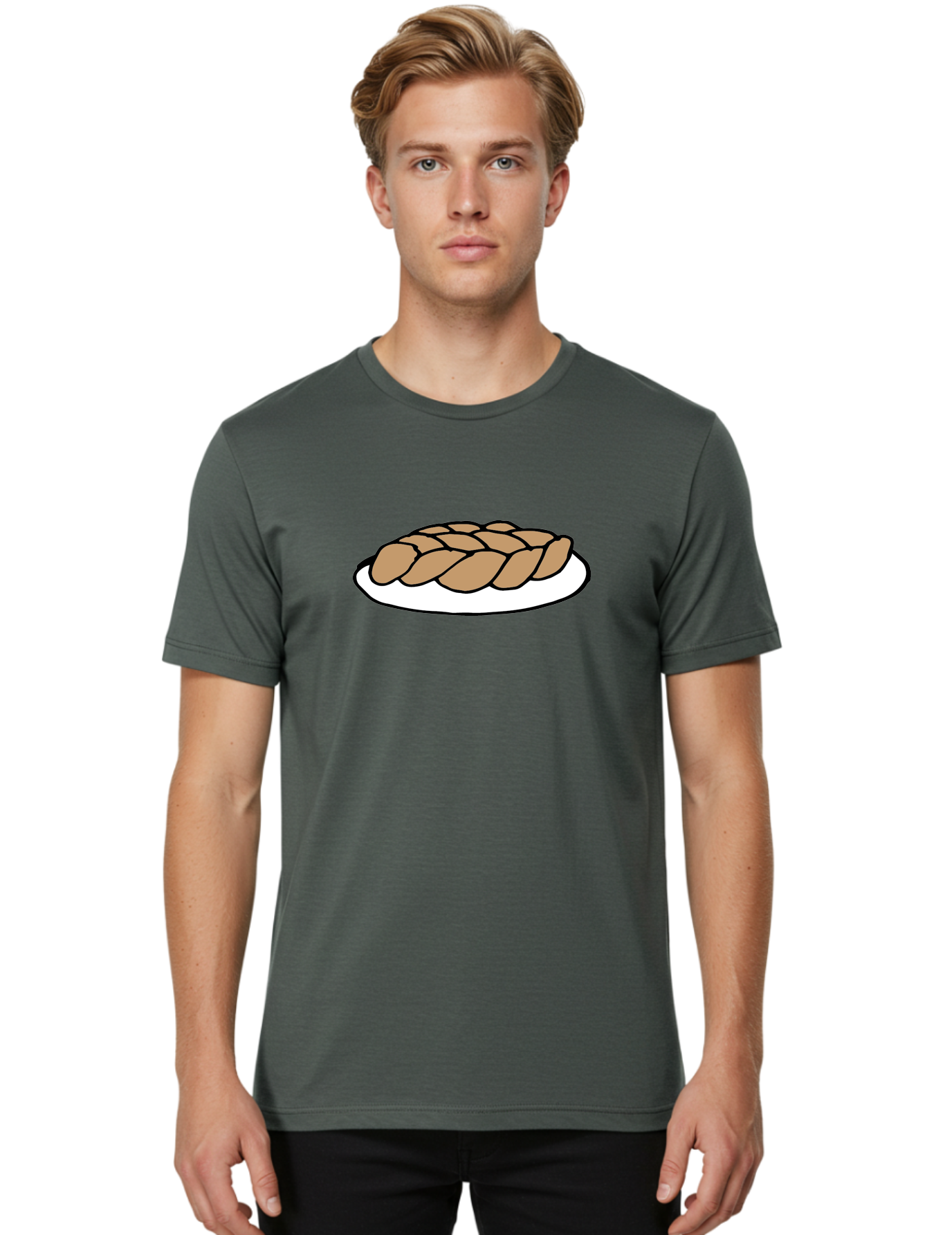 Braided-Loaf-Of-Bread Men'S Graphic Tee, 100% Cotton, Comfortable Casual Summer Wear, Machine Washable, Braided Bread, Baked Goods, Artisanal Bread, Bread On Plate, White Plate, Brown Bread, Traditional Bread, Freshly Baked -  Aaa771