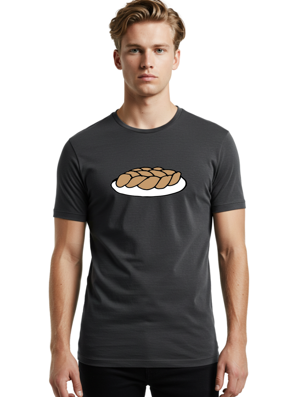 Braided-Loaf-Of-Bread Men'S Graphic Tee, 100% Cotton, Comfortable Casual Summer Wear, Machine Washable, Braided Bread, Baked Goods, Artisanal Bread, Bread On Plate, White Plate, Brown Bread, Traditional Bread, Freshly Baked -  Aaa771