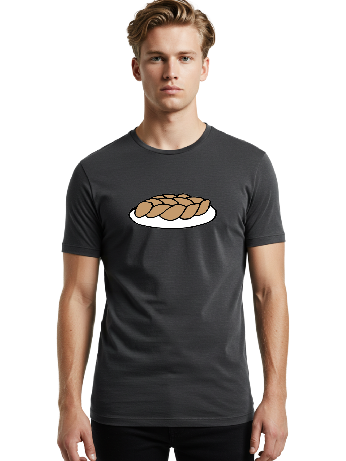 Braided-Loaf-Of-Bread Men'S Graphic Tee, 100% Cotton, Comfortable Casual Summer Wear, Machine Washable, Braided Bread, Baked Goods, Artisanal Bread, Bread On Plate, White Plate, Brown Bread, Traditional Bread, Freshly Baked -  Aaa771