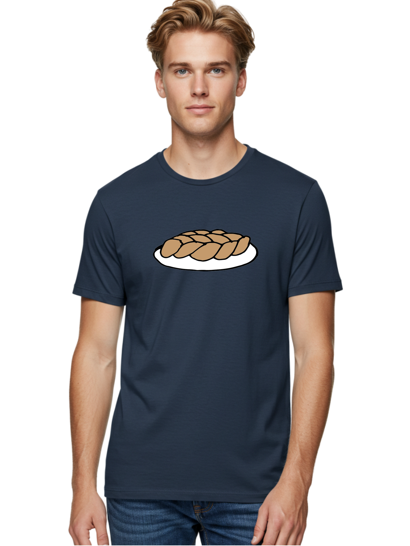 Braided-Loaf-Of-Bread Men'S Graphic Tee, 100% Cotton, Comfortable Casual Summer Wear, Machine Washable, Braided Bread, Baked Goods, Artisanal Bread, Bread On Plate, White Plate, Brown Bread, Traditional Bread, Freshly Baked -  Aaa771