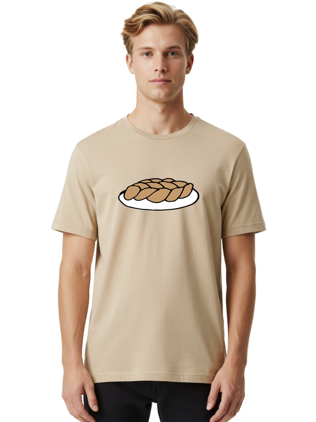 Braided-Loaf-Of-Bread Men'S Graphic Tee, 100% Cotton, Comfortable Casual Summer Wear, Machine Washable, Braided Bread, Baked Goods, Artisanal Bread, Bread On Plate, White Plate, Brown Bread, Traditional Bread, Freshly Baked -  Aaa771