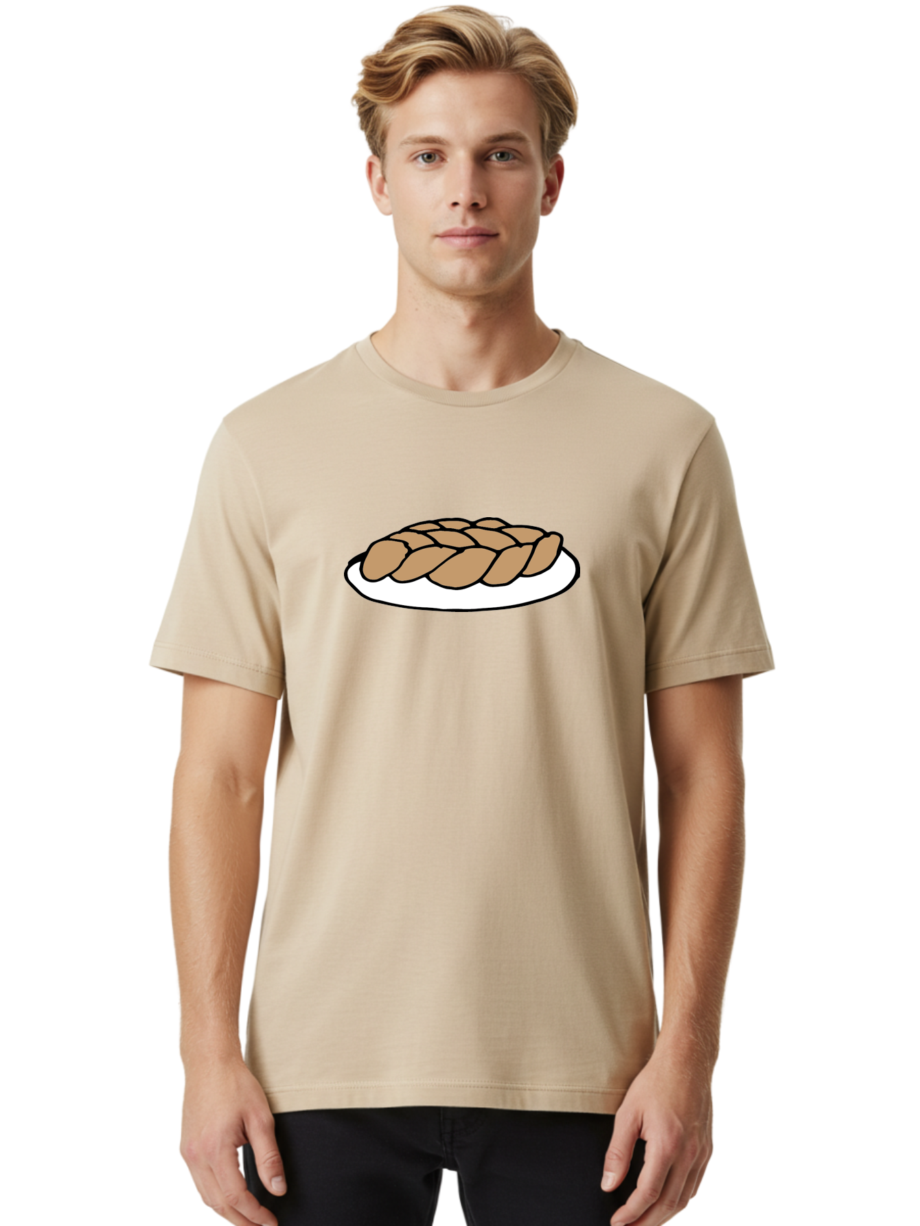 Braided-Loaf-Of-Bread Men'S Graphic Tee, 100% Cotton, Comfortable Casual Summer Wear, Machine Washable, Braided Bread, Baked Goods, Artisanal Bread, Bread On Plate, White Plate, Brown Bread, Traditional Bread, Freshly Baked -  Aaa771