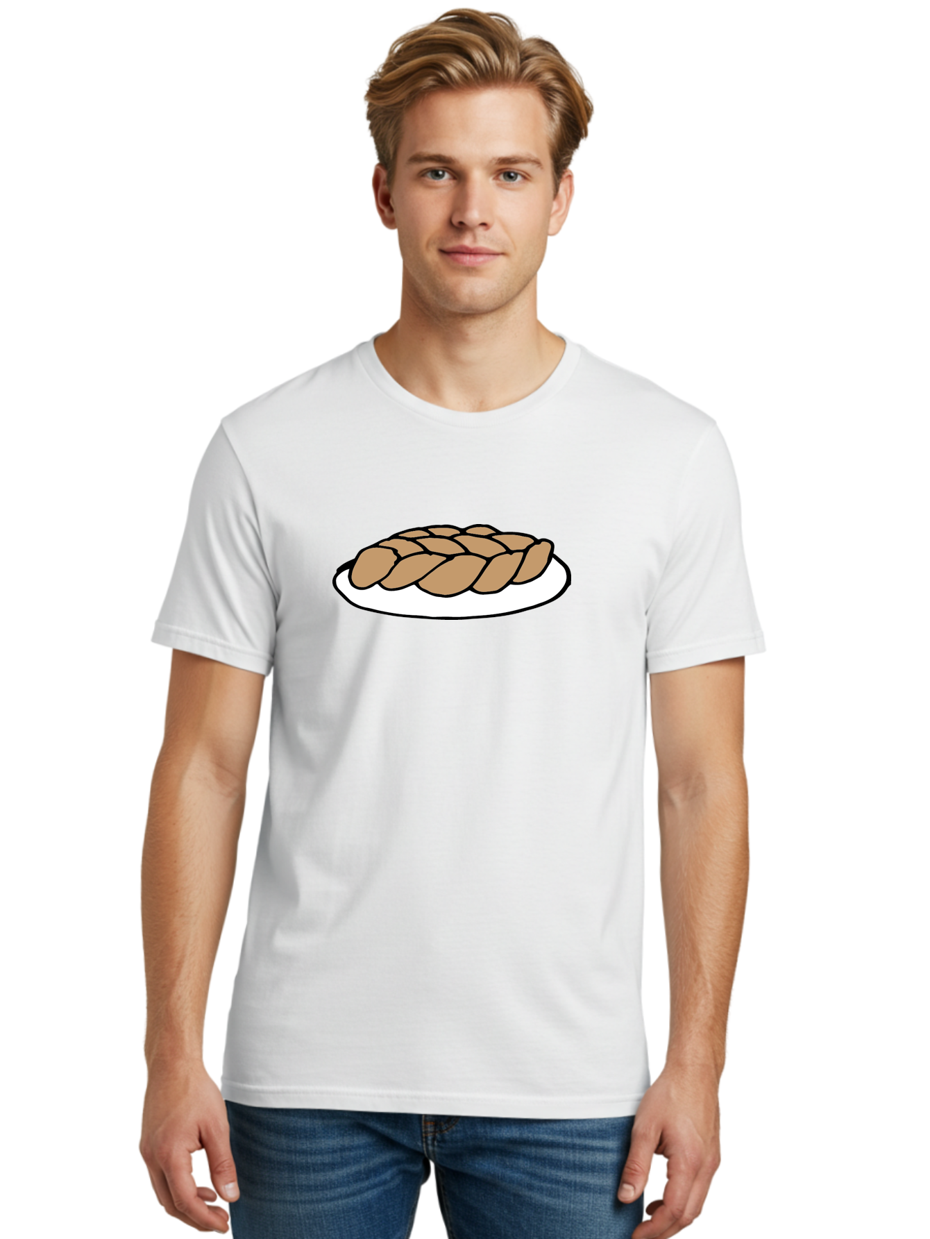 Braided-Loaf-Of-Bread Men'S Graphic Tee, 100% Cotton, Comfortable Casual Summer Wear, Machine Washable, Braided Bread, Baked Goods, Artisanal Bread, Bread On Plate, White Plate, Brown Bread, Traditional Bread, Freshly Baked -  Aaa771