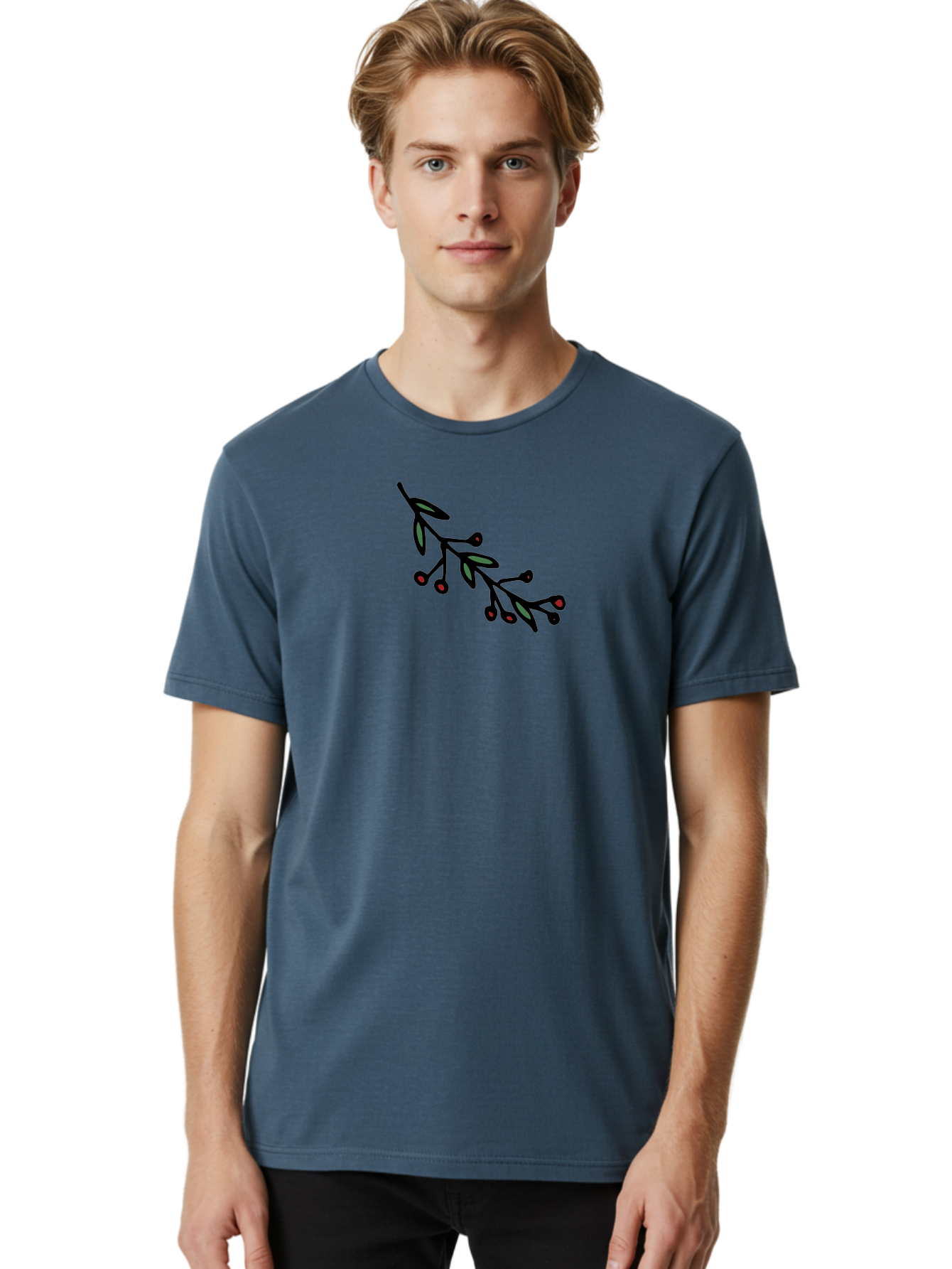 Branch-With-Berries Men'S Graphic Tee, 100% Cotton, Comfortable Casual Summer Wear, Machine Washable, Olive Branch, Cartoon Illustration, Red Berries, Black Stems, Green Leaves, Simple Design, Minimalist Art, Symbolic Imagery, Peace Symbol -  Aaa772