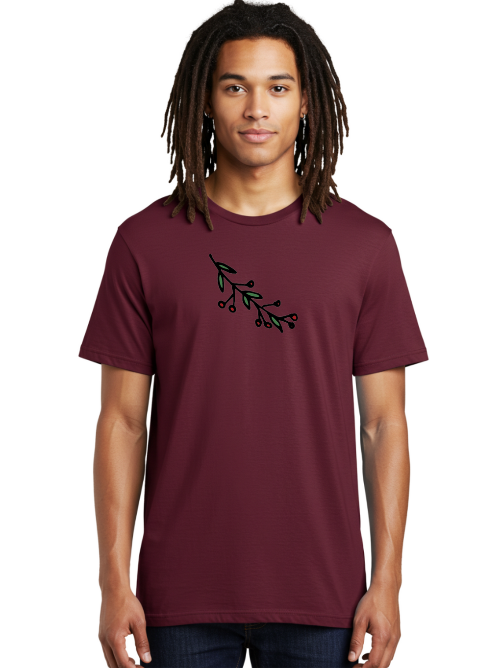 Branch-With-Berries Men'S Graphic Tee, 100% Cotton, Comfortable Casual Summer Wear, Machine Washable, Olive Branch, Cartoon Illustration, Red Berries, Black Stems, Green Leaves, Simple Design, Minimalist Art, Symbolic Imagery, Peace Symbol -  Aaa772