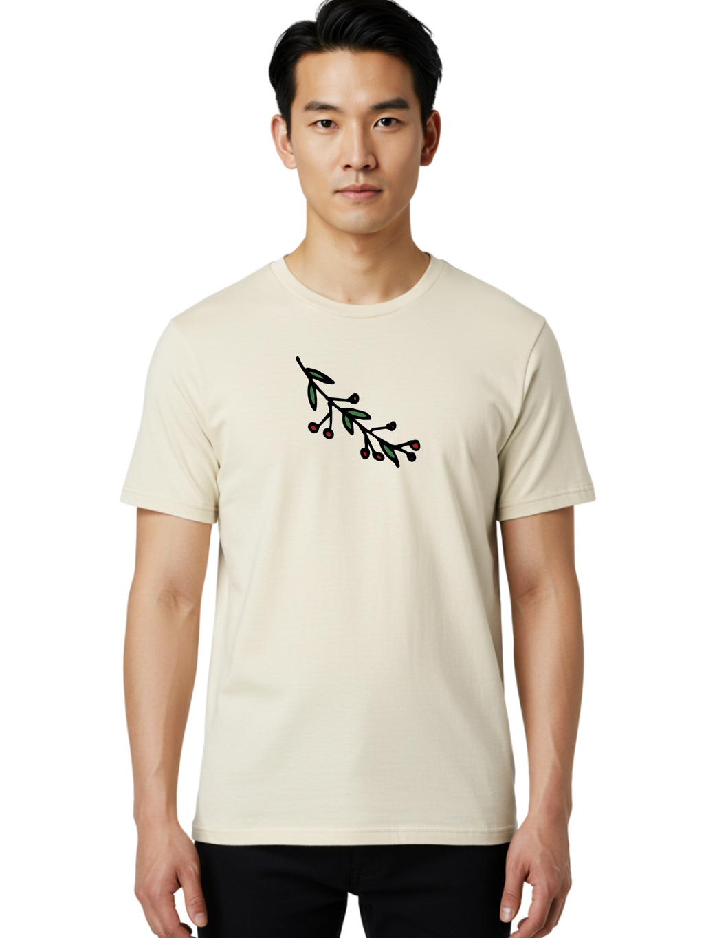Branch-With-Berries Men'S Graphic Tee, 100% Cotton, Comfortable Casual Summer Wear, Machine Washable, Olive Branch, Cartoon Illustration, Red Berries, Black Stems, Green Leaves, Simple Design, Minimalist Art, Symbolic Imagery, Peace Symbol -  Aaa772