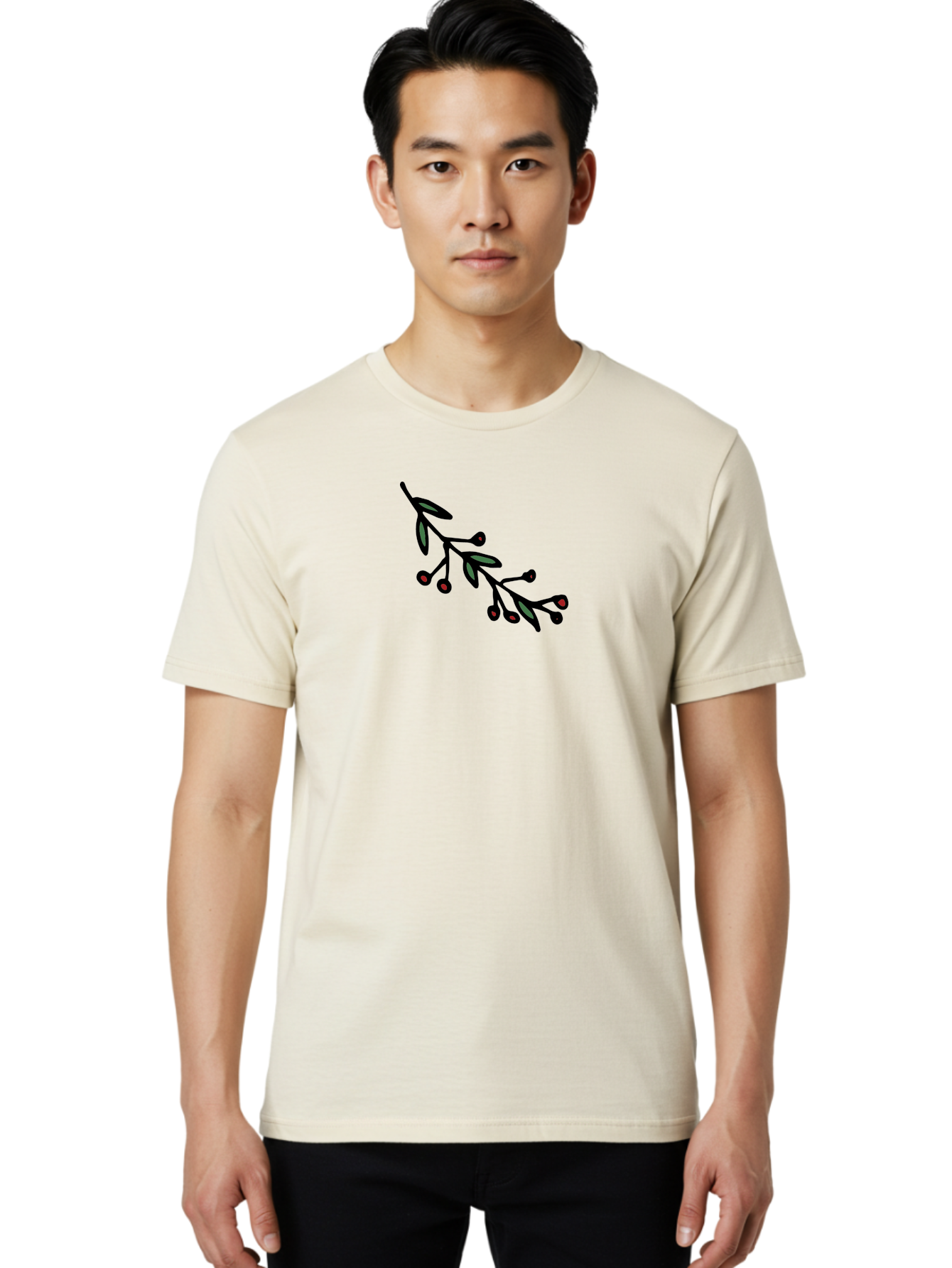 Branch-With-Berries Men'S Graphic Tee, 100% Cotton, Comfortable Casual Summer Wear, Machine Washable, Olive Branch, Cartoon Illustration, Red Berries, Black Stems, Green Leaves, Simple Design, Minimalist Art, Symbolic Imagery, Peace Symbol -  Aaa772