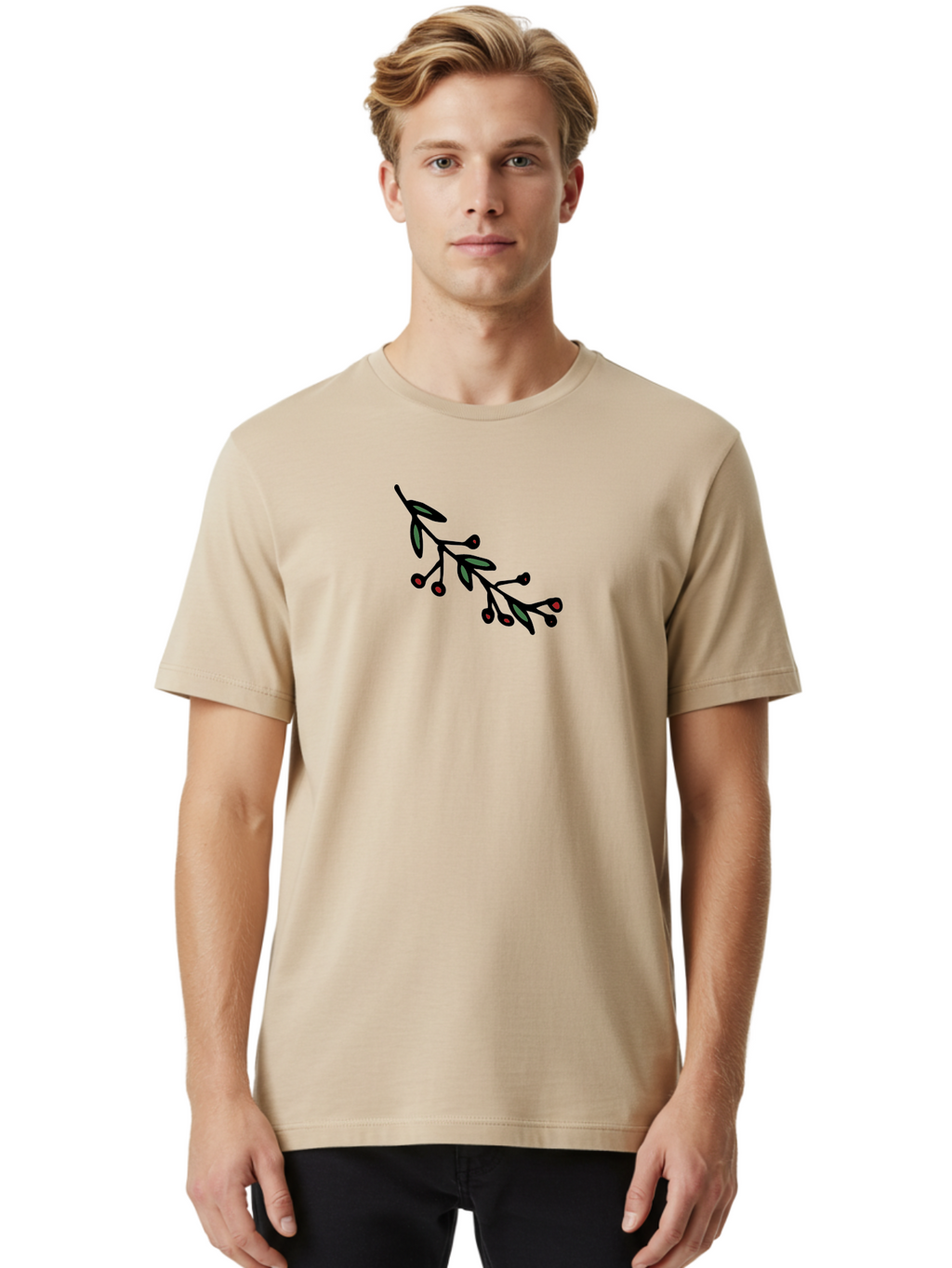 Branch-With-Berries Men'S Graphic Tee, 100% Cotton, Comfortable Casual Summer Wear, Machine Washable, Olive Branch, Cartoon Illustration, Red Berries, Black Stems, Green Leaves, Simple Design, Minimalist Art, Symbolic Imagery, Peace Symbol -  Aaa772