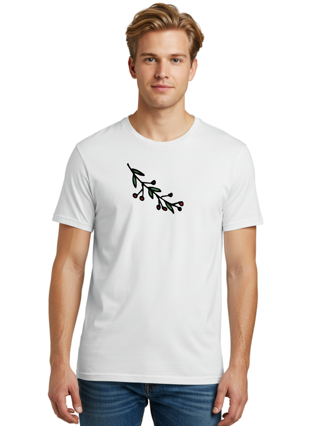Branch-With-Berries Men'S Graphic Tee, 100% Cotton, Comfortable Casual Summer Wear, Machine Washable, Olive Branch, Cartoon Illustration, Red Berries, Black Stems, Green Leaves, Simple Design, Minimalist Art, Symbolic Imagery, Peace Symbol -  Aaa772