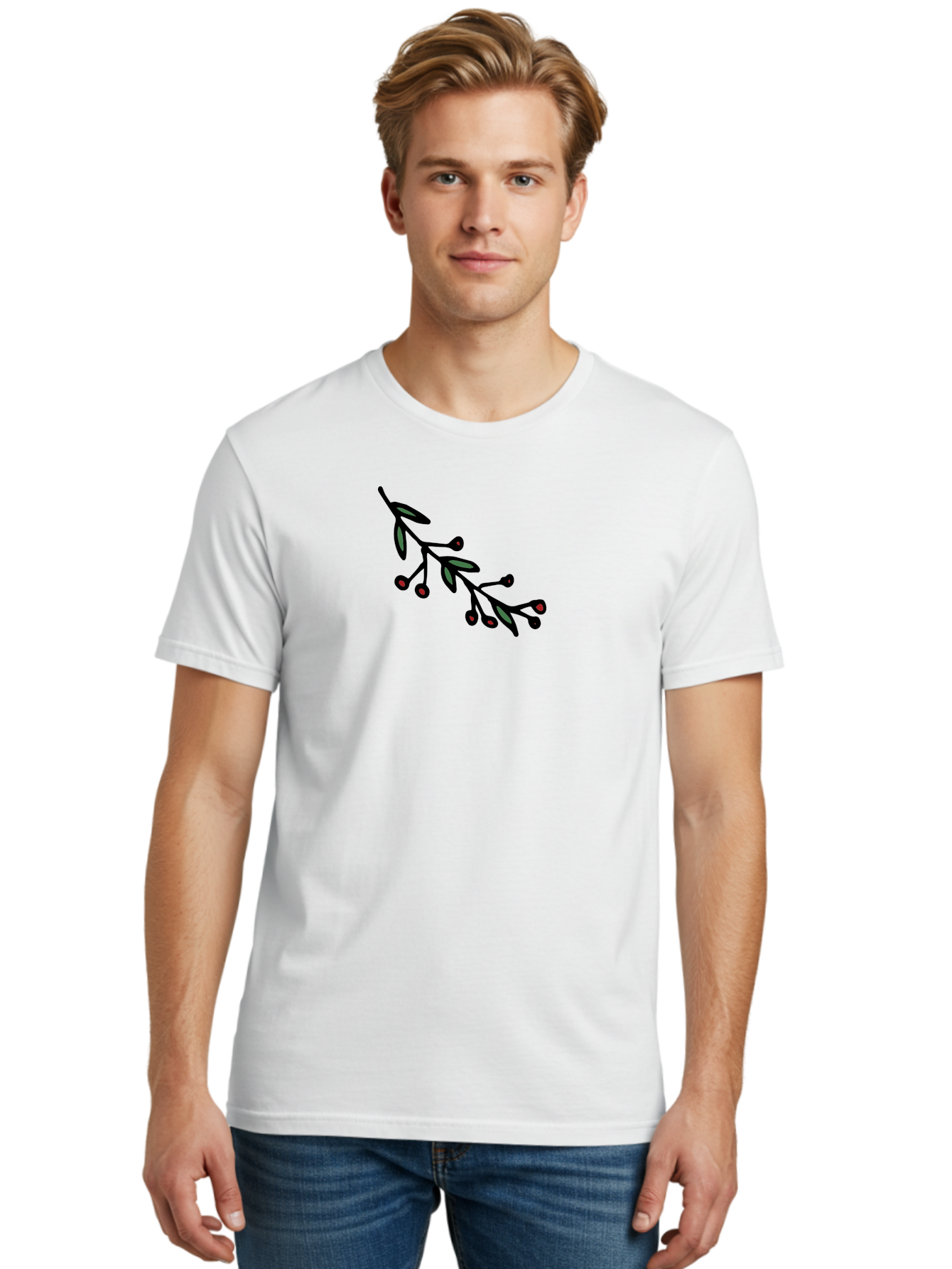 Branch-With-Berries Men'S Graphic Tee, 100% Cotton, Comfortable Casual Summer Wear, Machine Washable, Olive Branch, Cartoon Illustration, Red Berries, Black Stems, Green Leaves, Simple Design, Minimalist Art, Symbolic Imagery, Peace Symbol -  Aaa772
