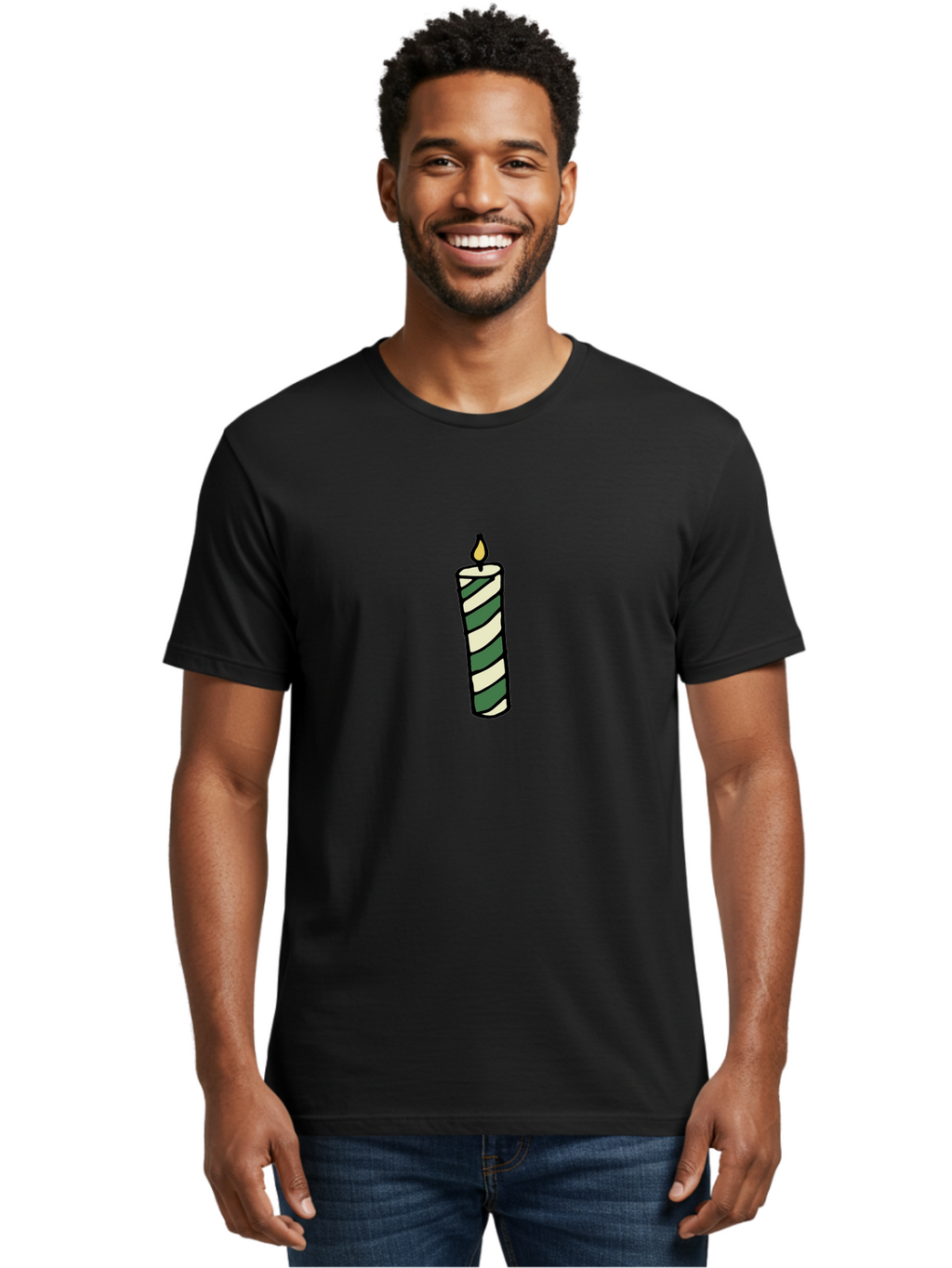 Candle-1 Men'S Graphic Tee, 100% Cotton, Comfortable Casual Summer Wear, Machine Washable, Striped Candle, Lit Candle, Decorative Candle, Green And White Stripes, Black Outline, Warm Lighting, Cozy Ambiance, Relaxation, Ambiance, -  Aaa774
