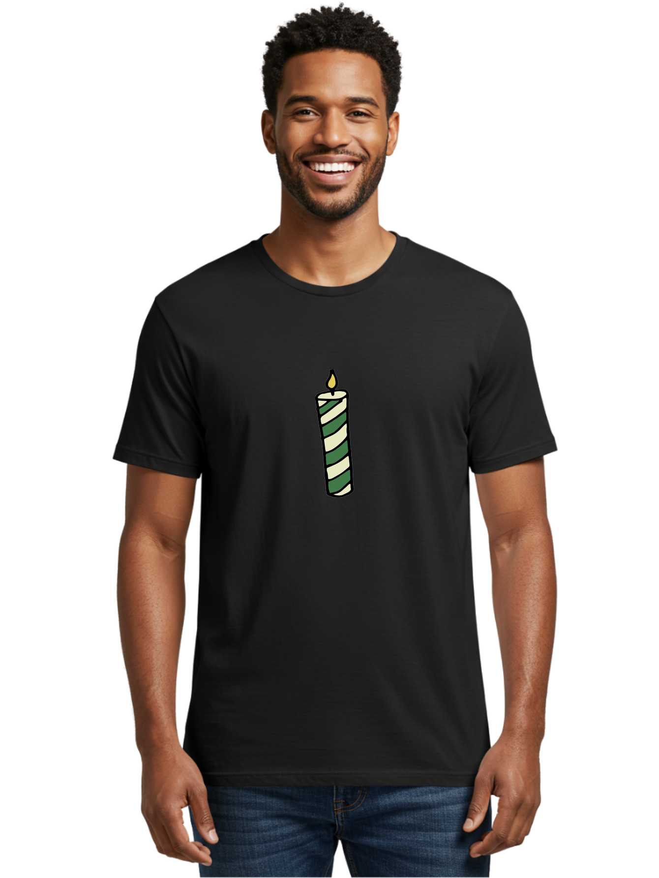 Candle-1 Men'S Graphic Tee, 100% Cotton, Comfortable Casual Summer Wear, Machine Washable, Striped Candle, Lit Candle, Decorative Candle, Green And White Stripes, Black Outline, Warm Lighting, Cozy Ambiance, Relaxation, Ambiance, -  Aaa774
