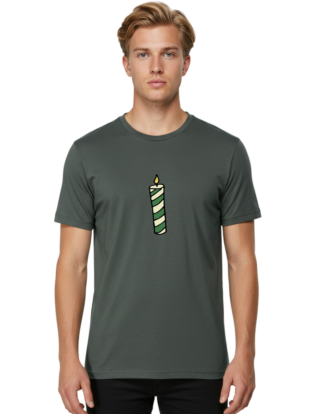 Candle-1 Men'S Graphic Tee, 100% Cotton, Comfortable Casual Summer Wear, Machine Washable, Striped Candle, Lit Candle, Decorative Candle, Green And White Stripes, Black Outline, Warm Lighting, Cozy Ambiance, Relaxation, Ambiance, -  Aaa774